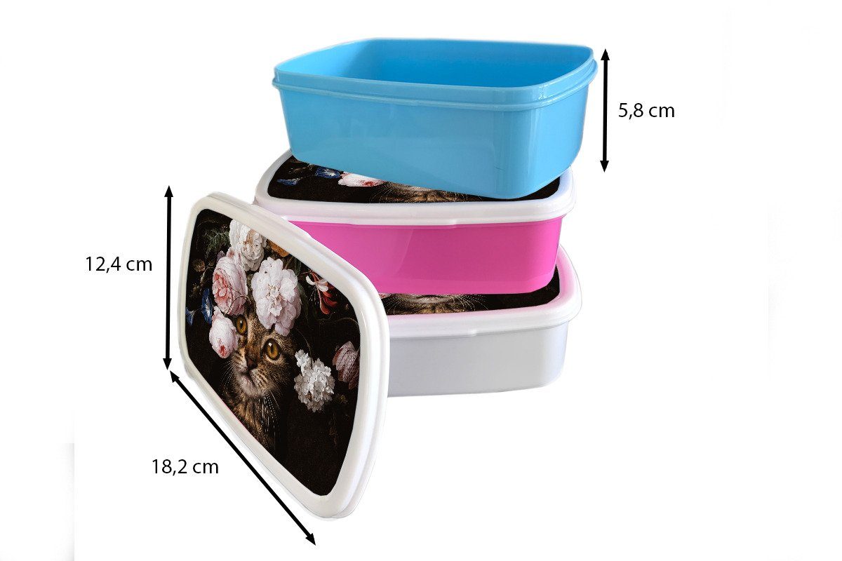 Kinder und Katze - (2-tlg), Brotbox MuchoWow Brotdose, Erwachsene, für Blumen weiß Lunchbox für Mädchen Kunststoff, Kunst, und - Jungs