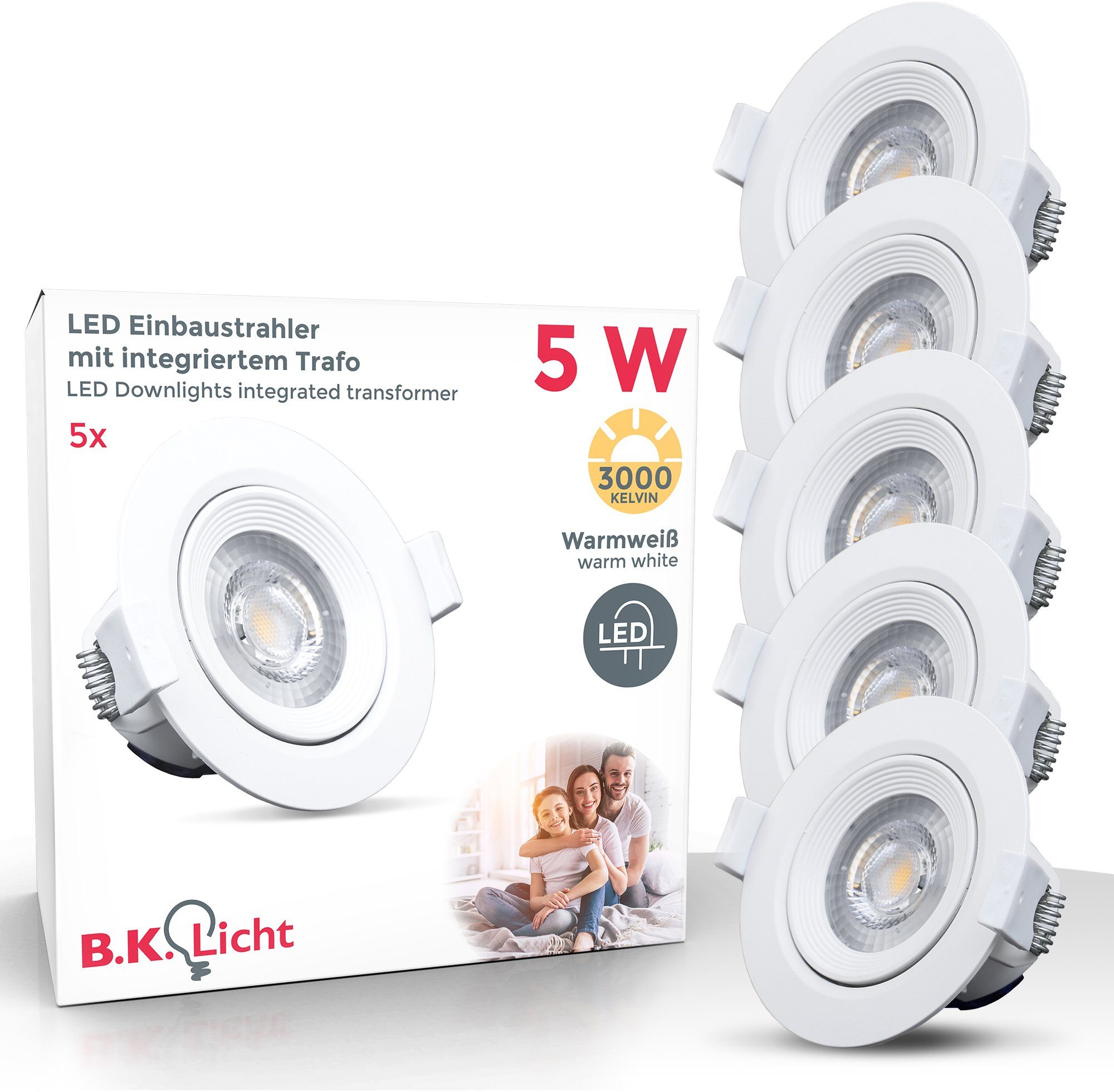 90mm Warmweiß, Einbauleuchte integriert, 5W Alcor, flach, B.K.Licht fest 350lm LED Spots, inkl. Deckenleuchte, Einbaustrahler, LED LED