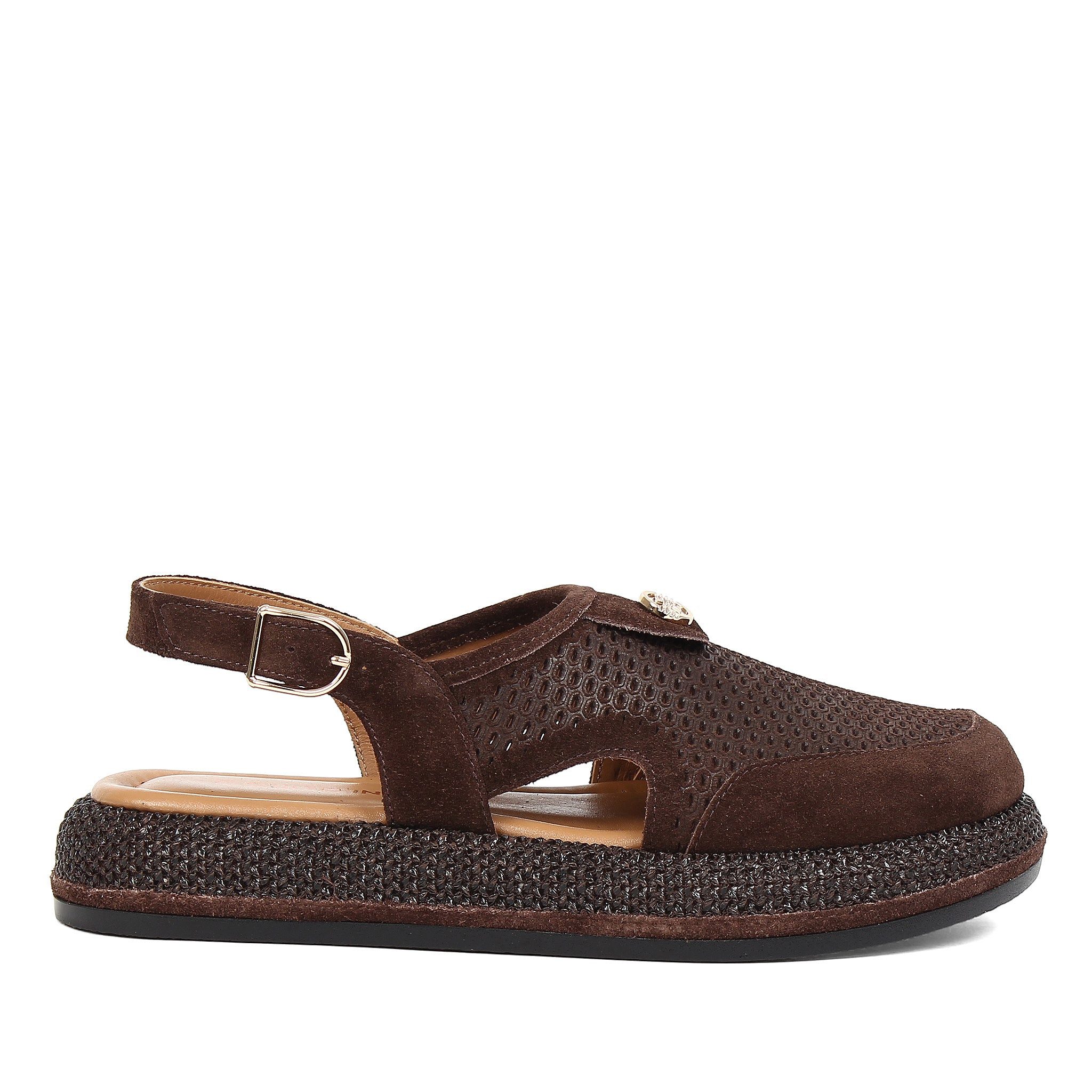 Celal Gültekin Plateau Slingback Flechtoptik Boho Cut-Out Damen Plateausandaletten Veloursleder, Geflecht-Plateausohle & Echtleder-Futter, Braun, 39