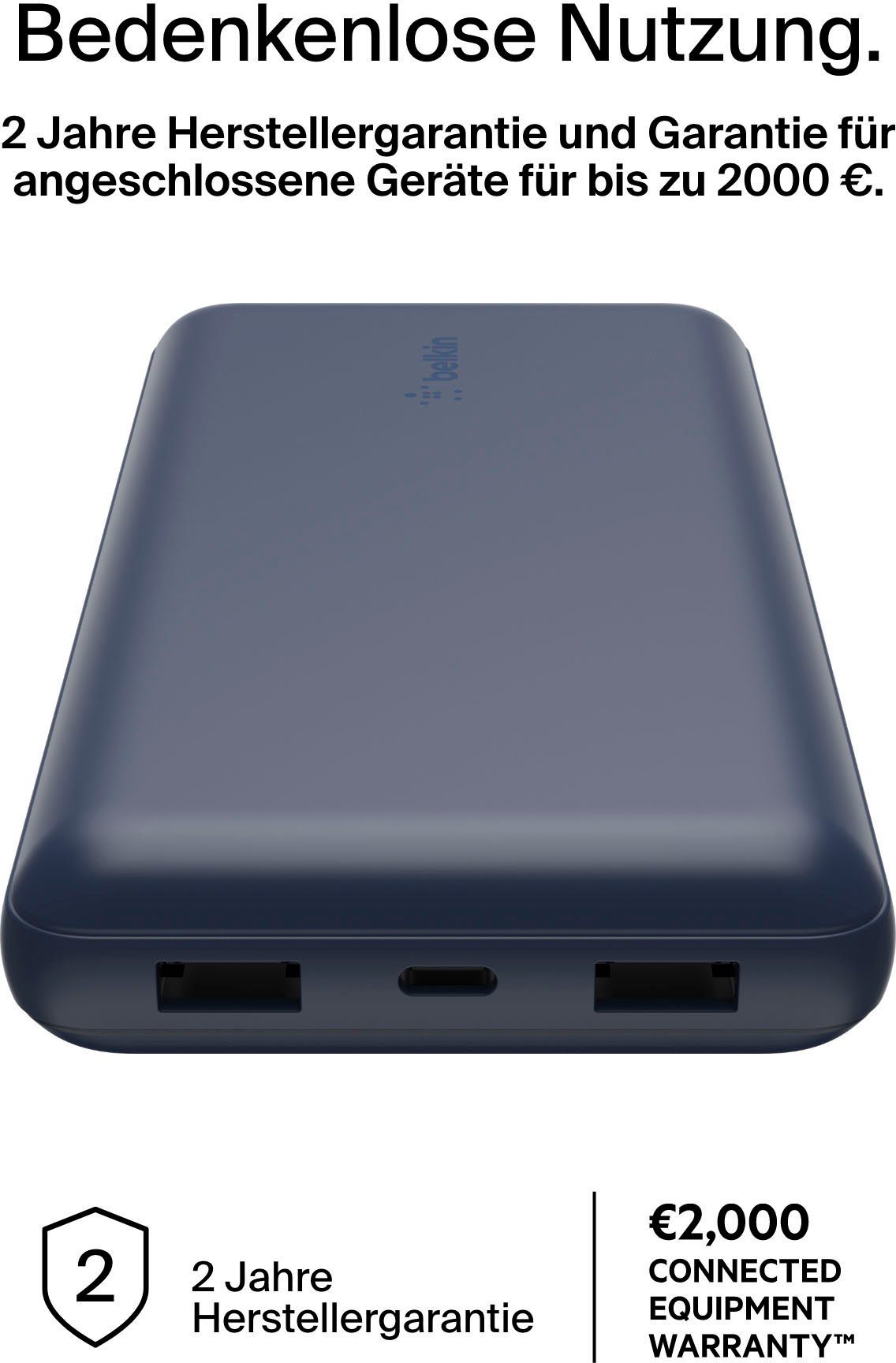 bis Powerbank zum Belkin 2x USB-A, Watt 3 Power 20.000mAh für Powerbank, zu Geräten von blau 78 1x Laden BoostCharge USB-C, 15 Stunden