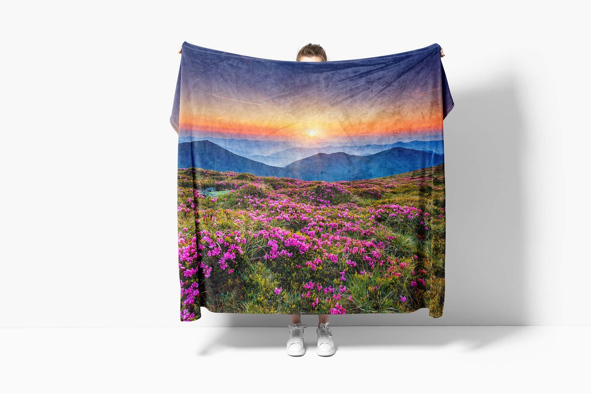 Berglandschaft Fotomotiv Saunatuch Kuscheldecke Baumwolle-Polyester-Mix Handtuch Handtuch Strandhandtuch (1-St), mit Sonnenunterga, Sinus Handtücher Art