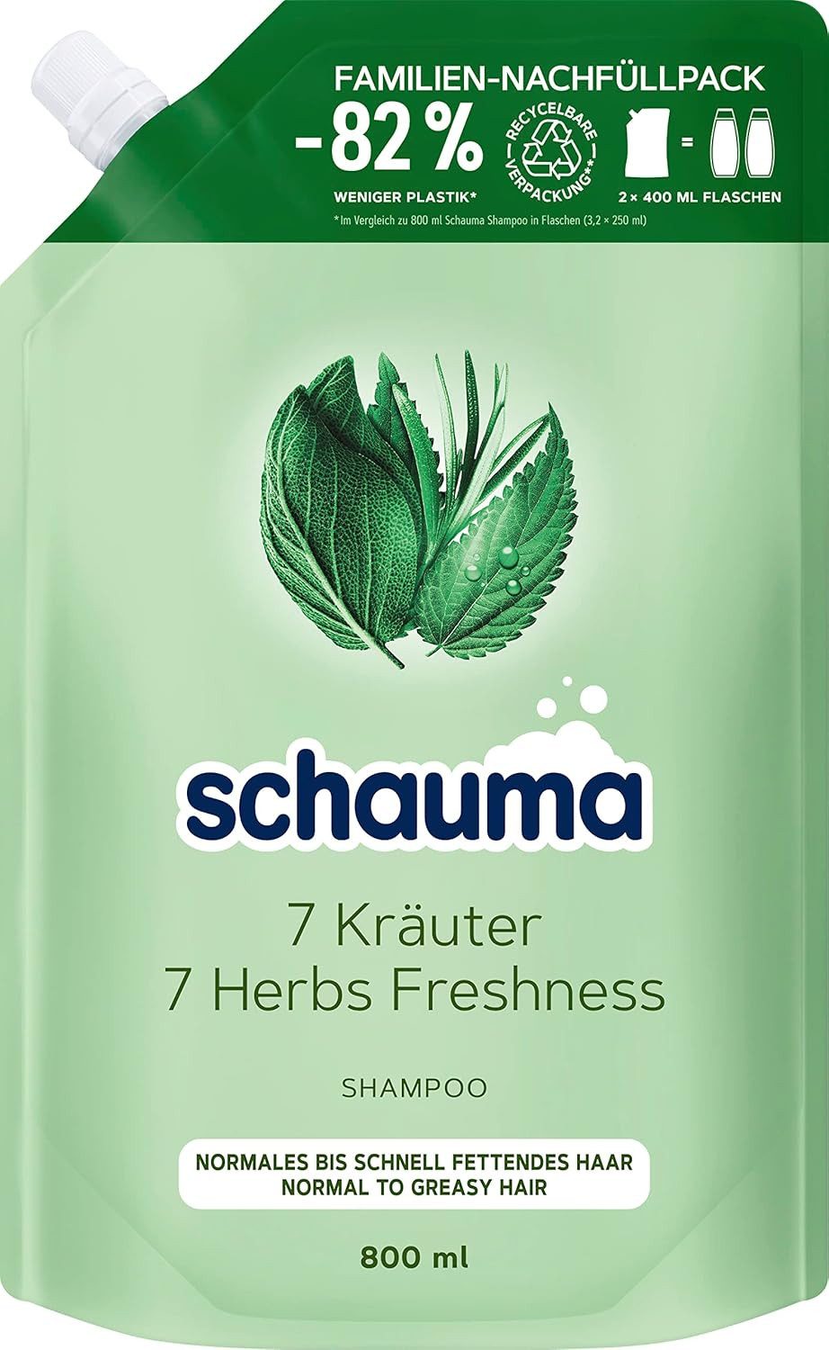 Schauma Haarshampoo 1x Schauma Shampoo 7 Kräuter Nachfüllpack (800 ml), 1-tlg., Frische-Shampoo für normales bis schnell fettendes Haar