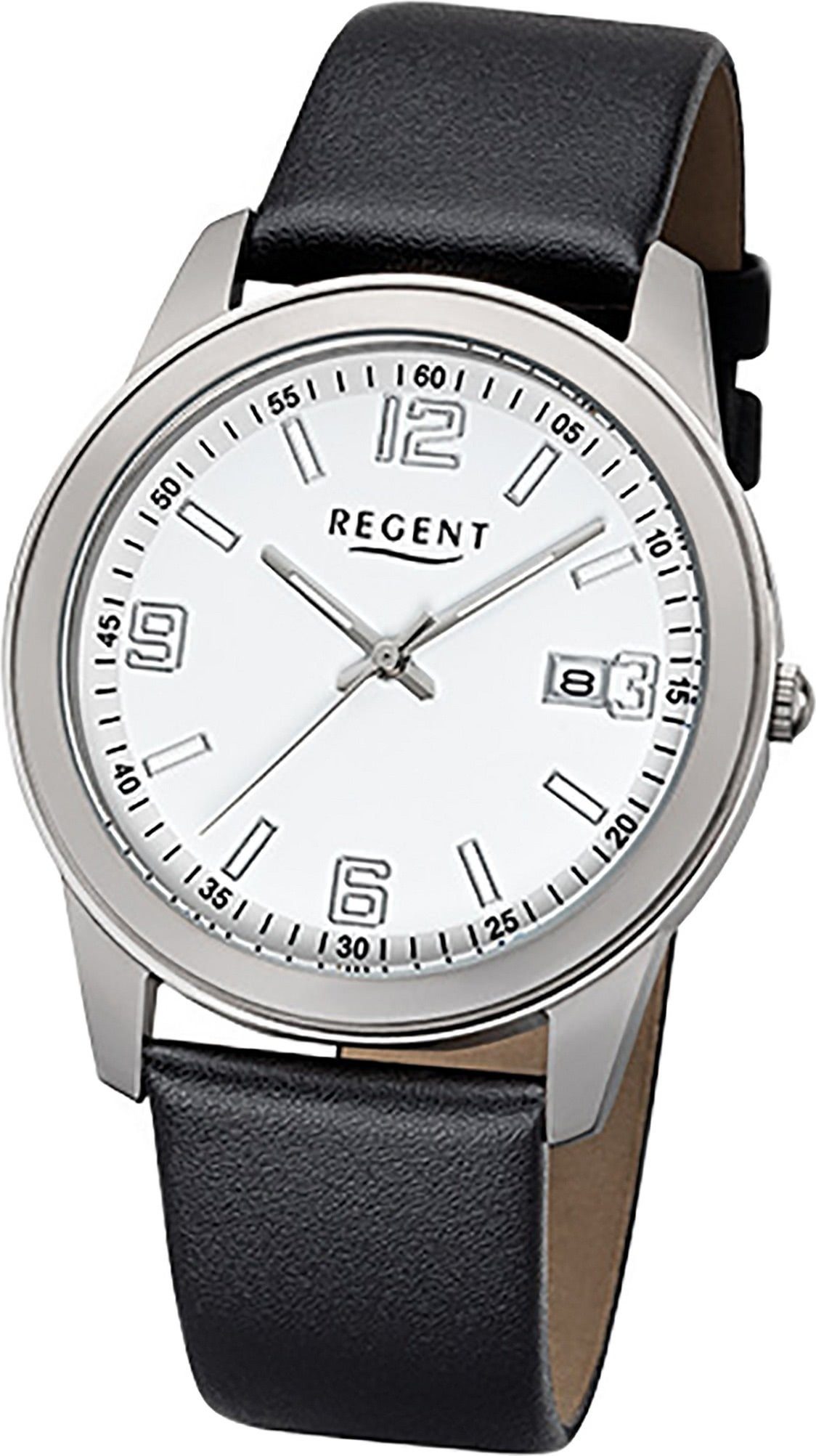 Regent Quarzuhr Regent Leder Herren Uhr F-1105 Quarzuhr, Herrenuhr Lederarmband schwarz, rundes Gehäuse, mittel (ca. 38mm)