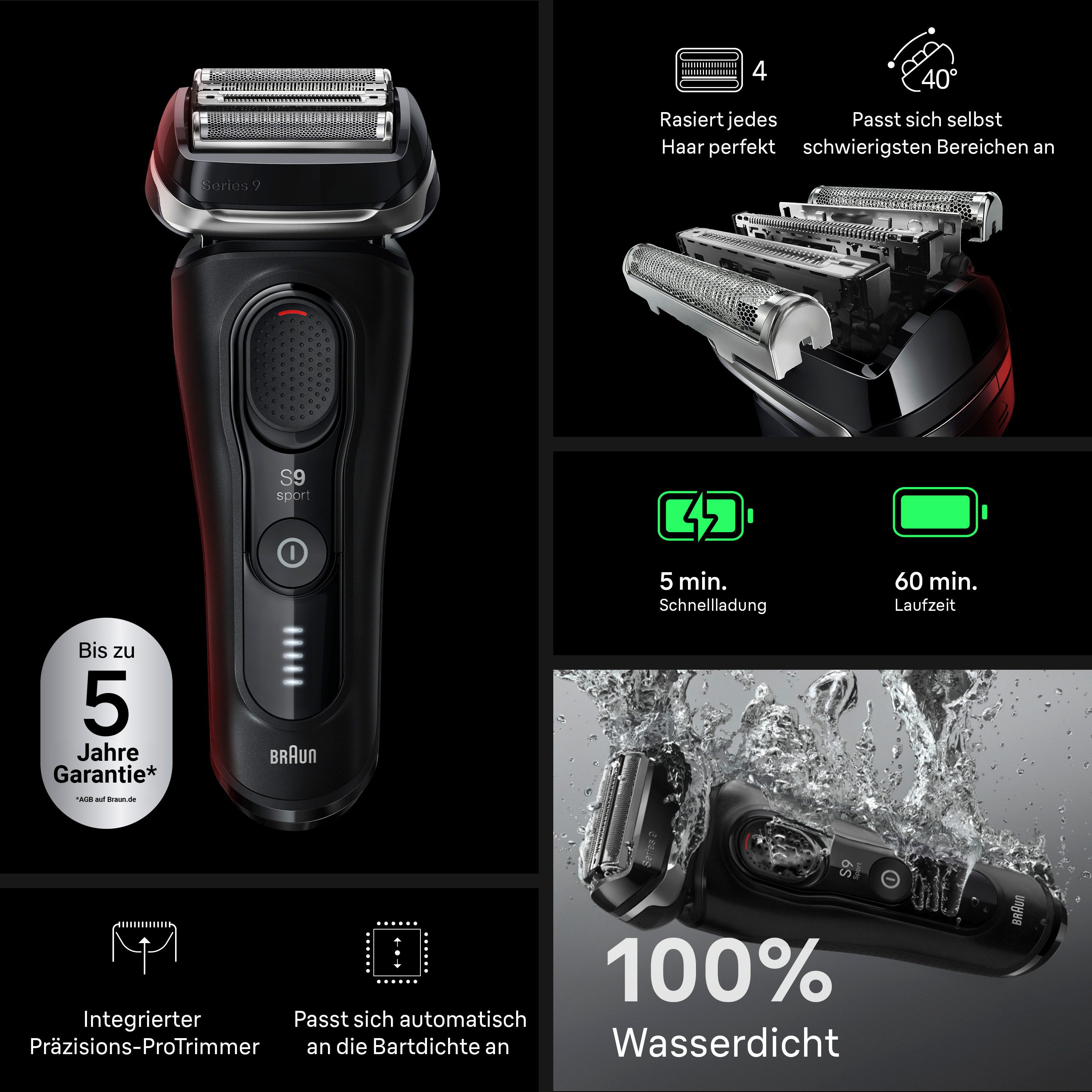 Braun Elektrorasierer Series 9 Sport 9110s, SmartClean-Plus-Reinigungsstation, integrierter Präzisionstrimmer, 4+1 Präzisionskopf, SensoAdapt, 60 Min., Nass & Trocken, Schwarz