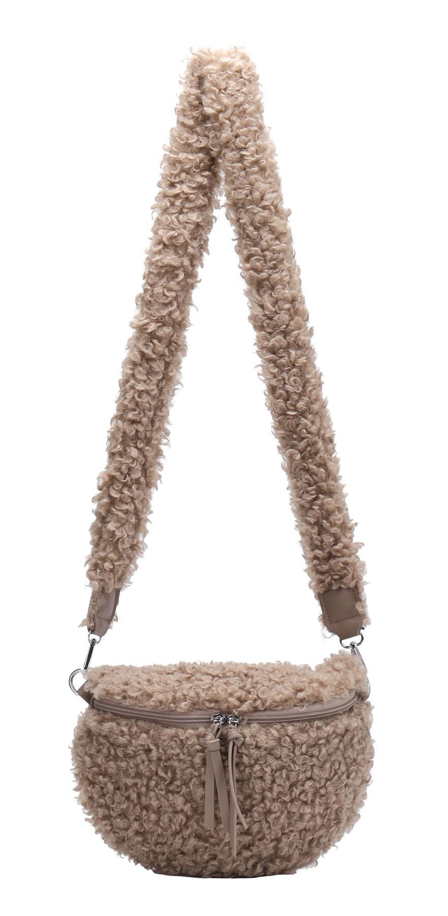 ITALYSHOP24 Bauchtasche Damen Tasche Teddyfell Plüsch Umhängetasche Kuscheltasche Bodybag Fell, Schultertasche Wintertasche Crossbody Lammfell-Optik Handytasche