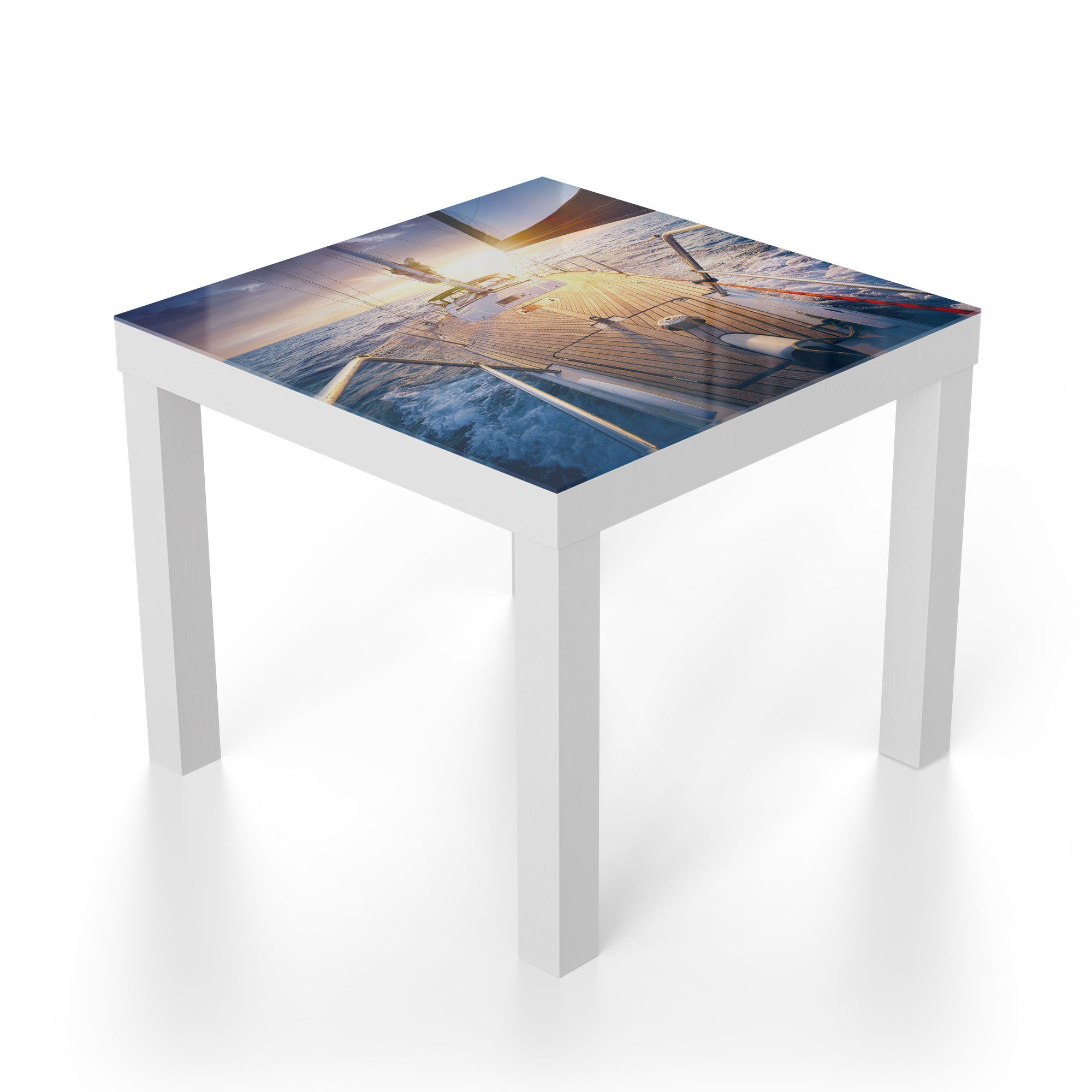 DEQORI Weiß Glastisch 'Segelboot Glas modern Abendsonne', Beistelltisch Couchtisch jagt