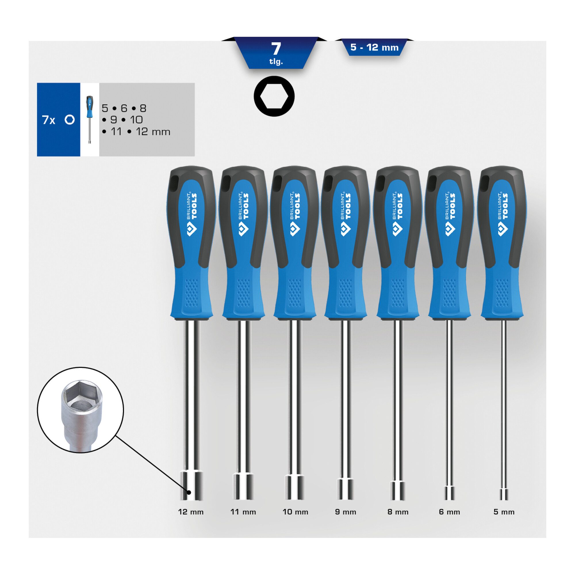 Brilliant Tools Steckschlüssel Brilliant Tools Stecknuss-Schraubendreher-Satz, 7-tlg, M5 - M12
