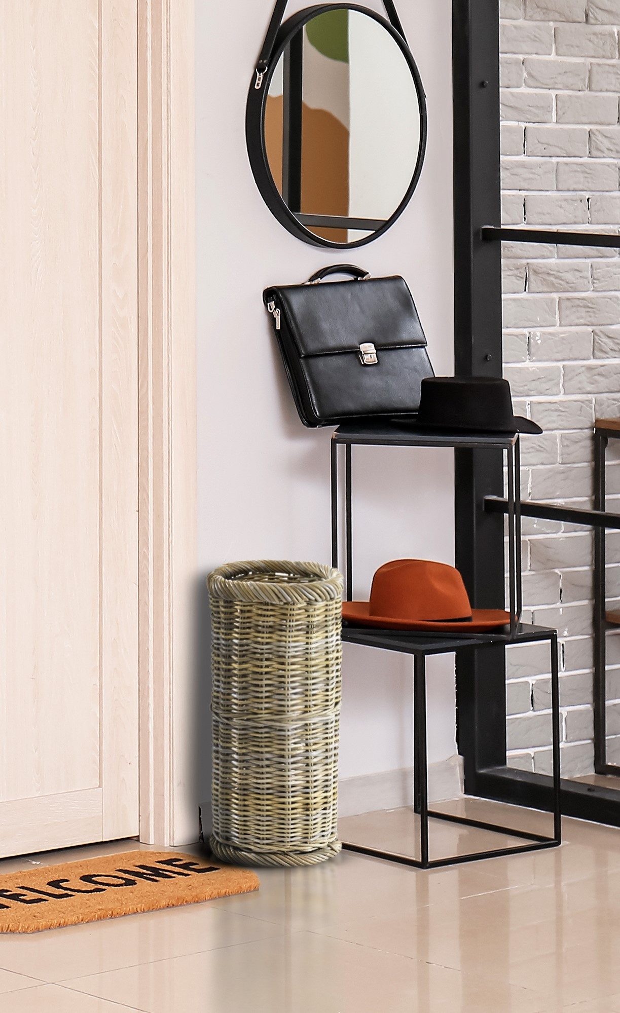 Kobolo Schirmständer Schirmhalter rund Rattan grau Handarbeit H: 56 cm