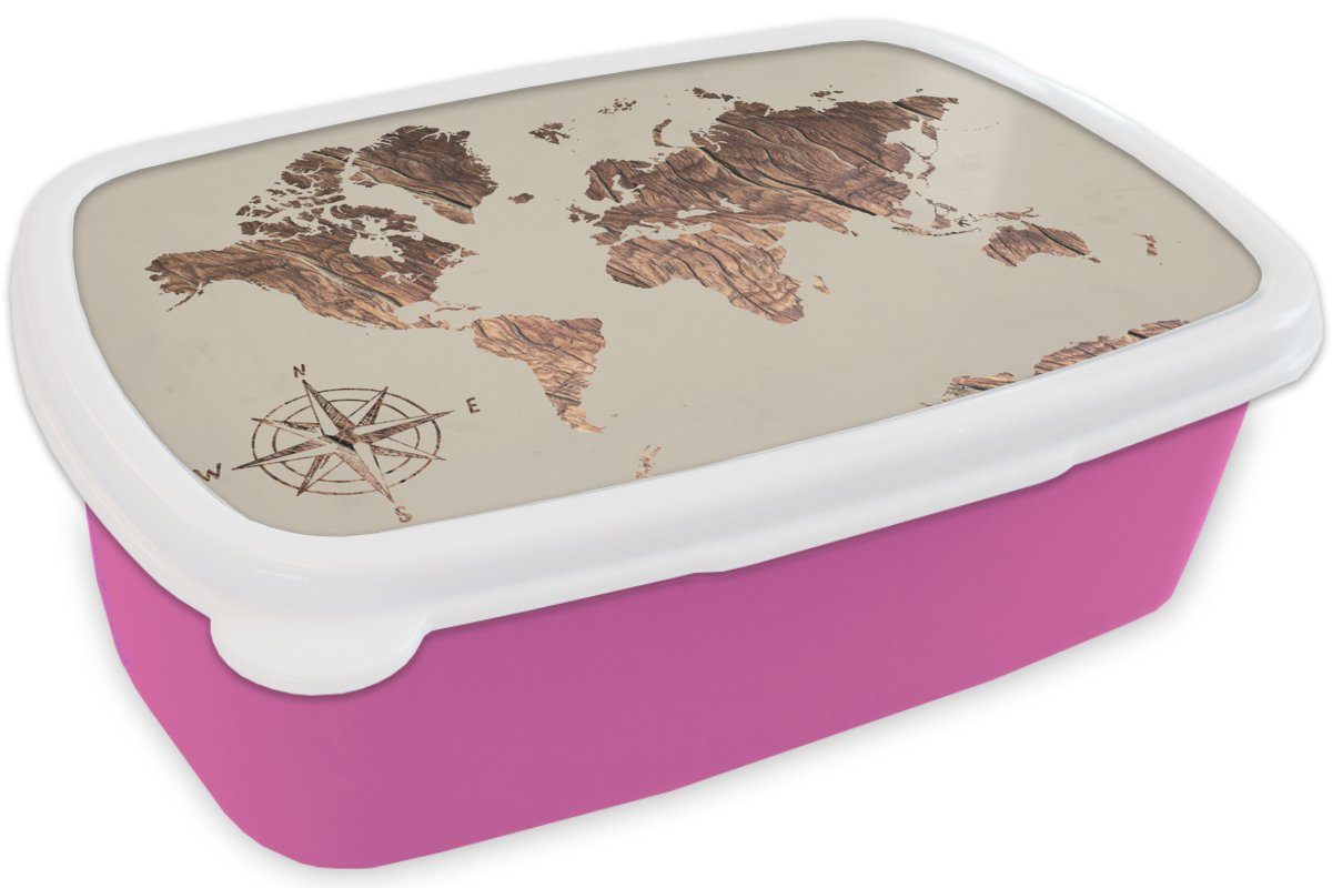 MuchoWow Lunchbox Weltkarte - Snackbox, Mädchen, Holz Windrose, Kunststoff, rosa (2-tlg), Erwachsene, Brotdose Kunststoff Brotbox - für Kinder