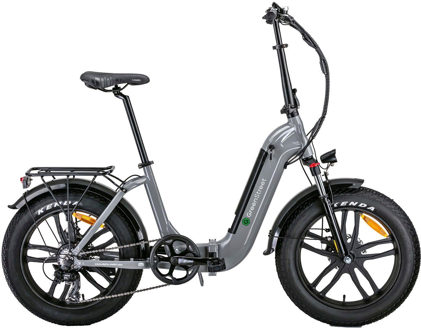 GreenStreet E-Bike Tiefeinsteiger Klapprad GS5, 7 Gang Shimano,  Kettenschaltung, Heckmotor, 360 Wh Akku, Batterie, (Set, 2 tlg., mit Akku-Ladegeräte),  Scheibenbremse vorne & hinten + LED-Beleuchtung