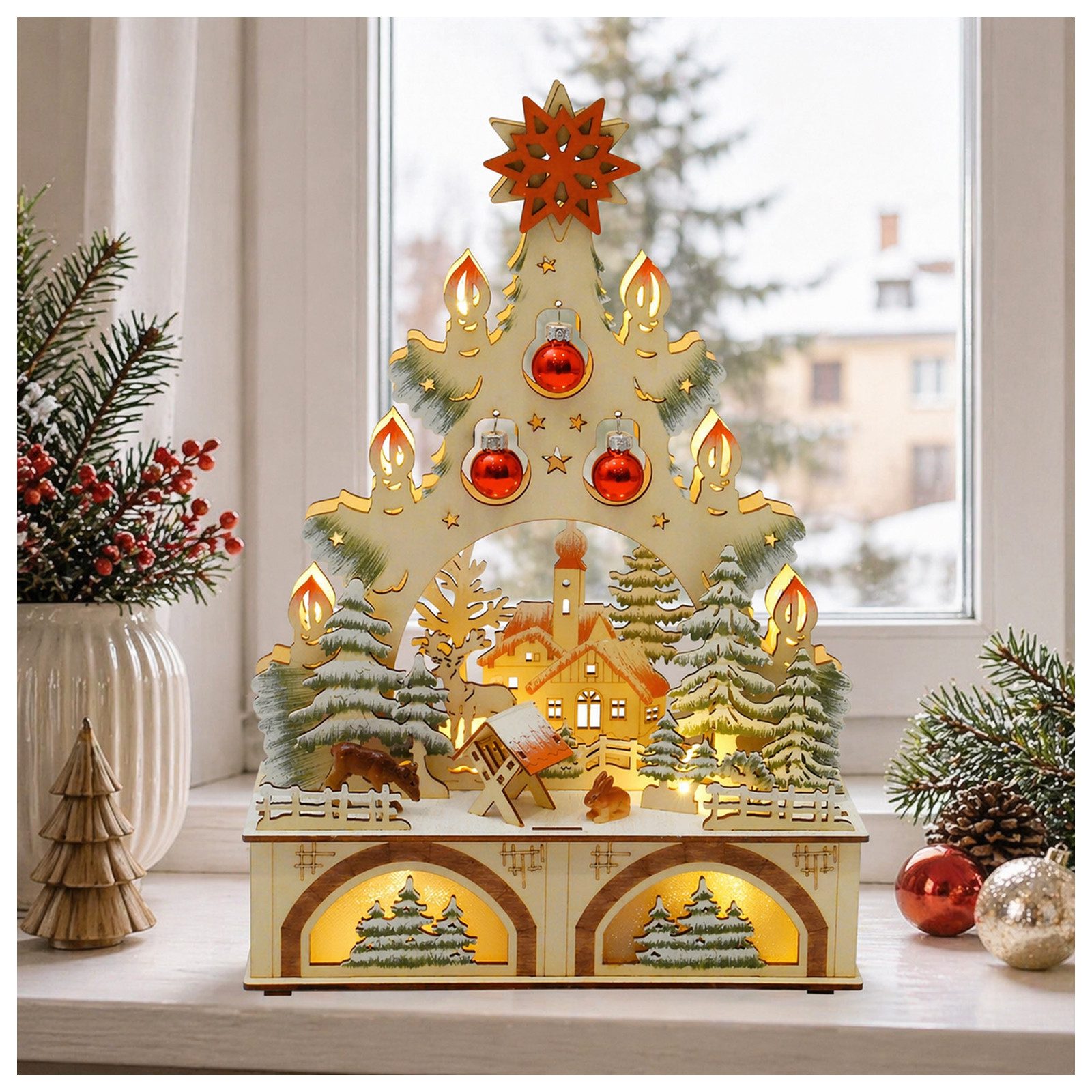 HTI-Living Schwibbogen LED Schwibbogen Weihnachtsbaum mit Kugeln und Kirche (1-tlg), Lichterspitze aus Holz, batteriebetrieben