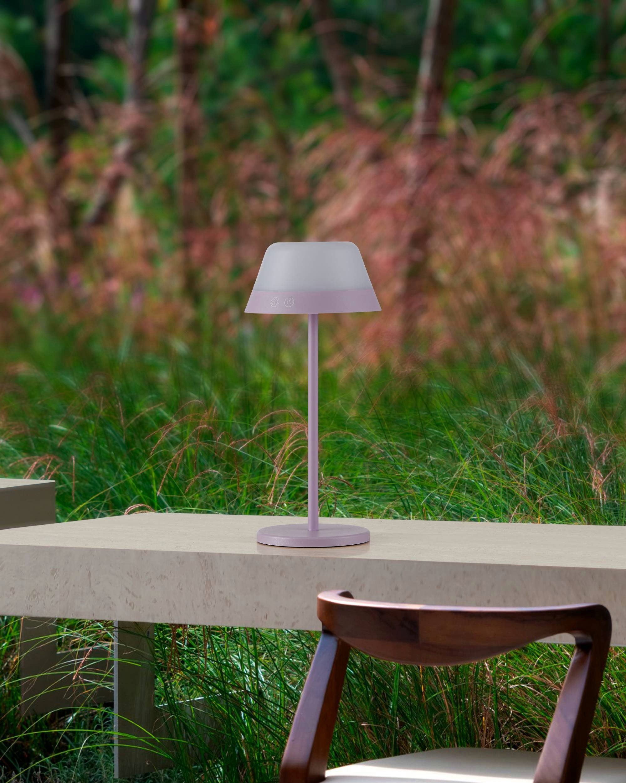 EGLO Tischleuchte Meggiano Tischlampe, kabellos, aufhängbarer Lampenschirm, IP54, Lampe, Dimmfunktion, RGB, USB-Anschluss mit Ladefunktion, LED fest integriert, Warmweiß, RGB, Tischleuchte - H32 x Ø15 cm - lila - 1X1,5W;1X0,8W inkl.
