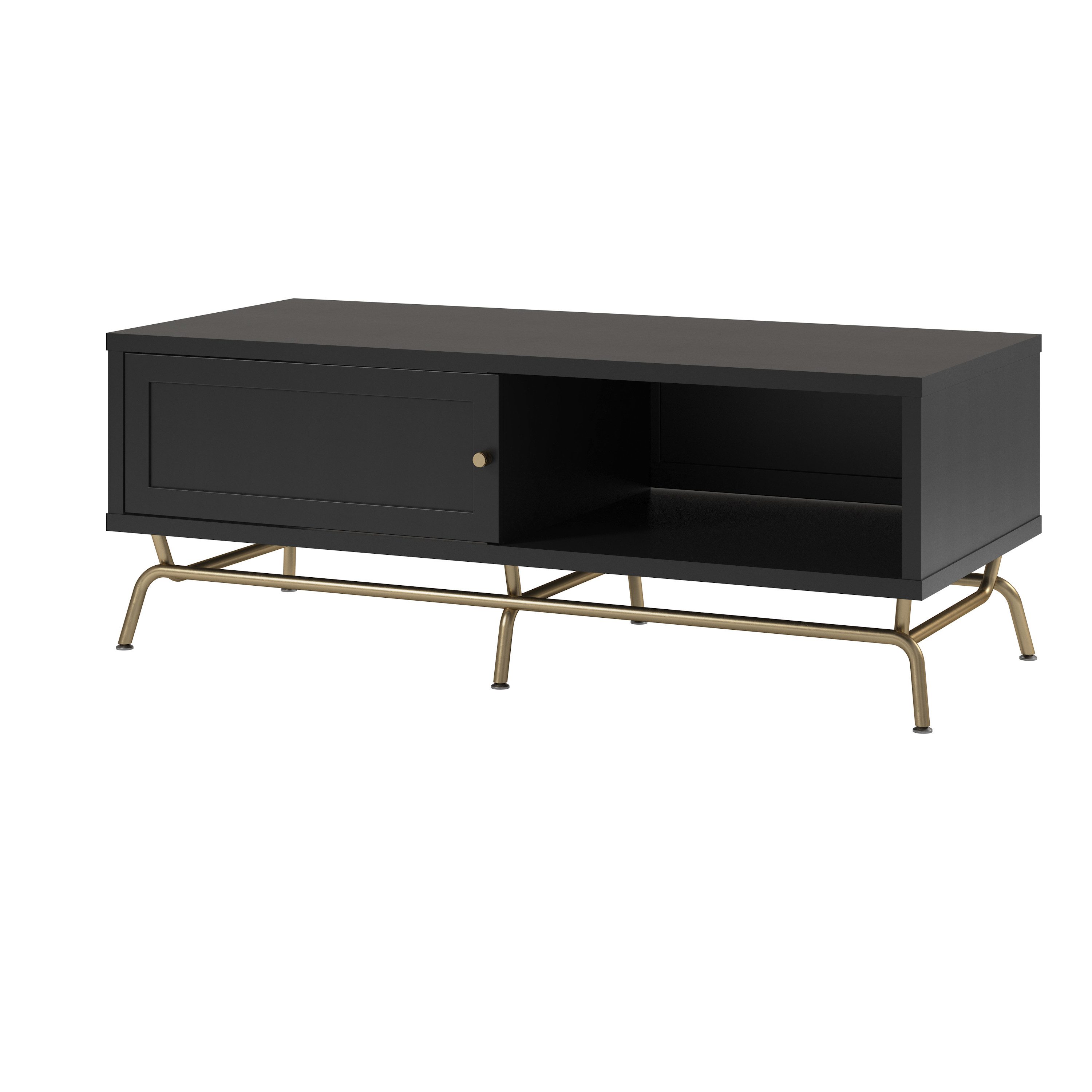 loft24 Wohnzimmertisch Nova, Couchtisch mit Tür, MDF schwarz, Metallgestell in gold, 122 cm