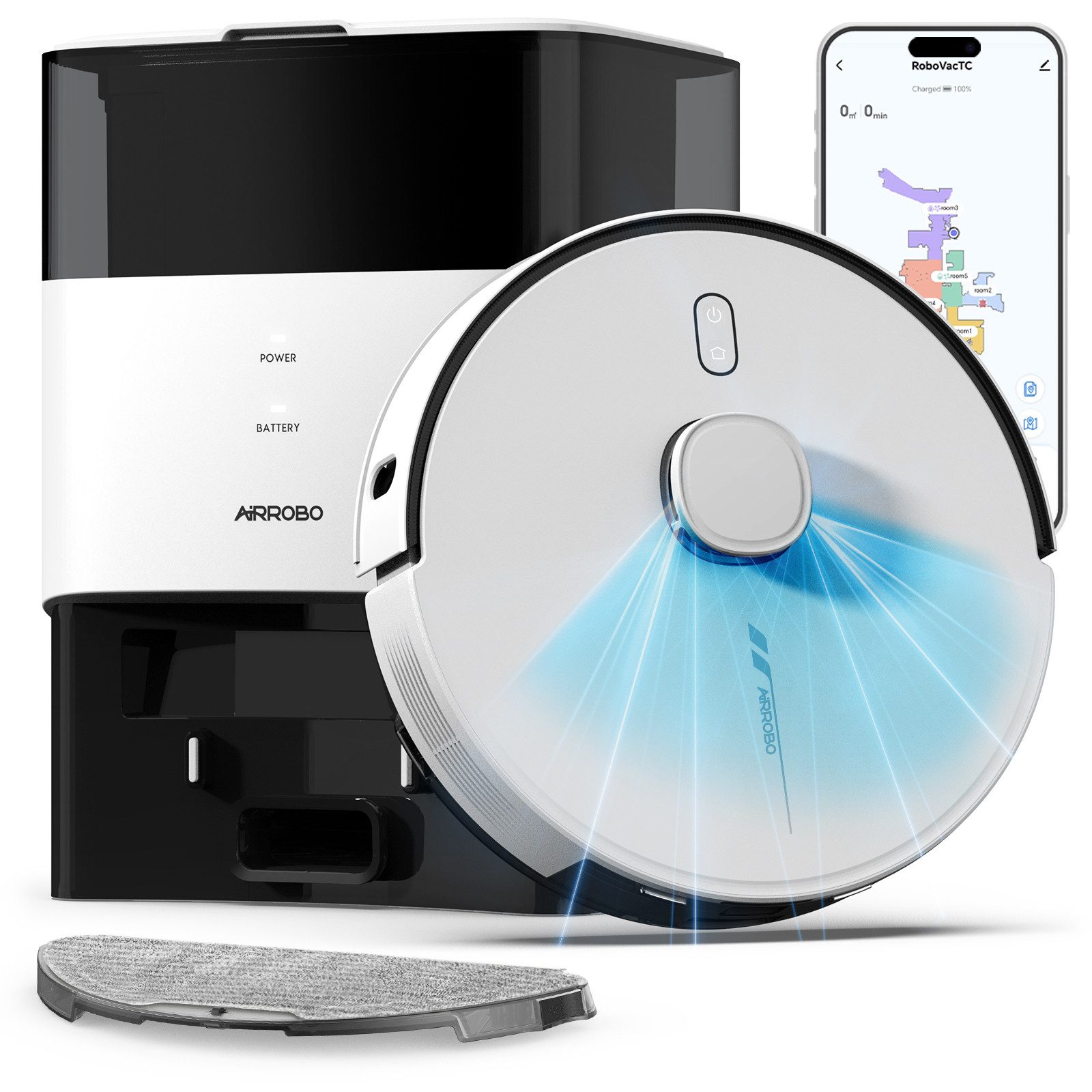AIRROBO Nass-Trocken-Saugroboter L60 Roboterstaubsauger mit Wischfunktion und Absaugstation, 55 W, 000 Pa Saugkraft, 60 Tage freihändige Reinigung, LiDAR-Navigation mit Hindernisvermeidung, Antitangle-Gummibürste, ideal für Tierhaare, 240 Min. Laufzeit