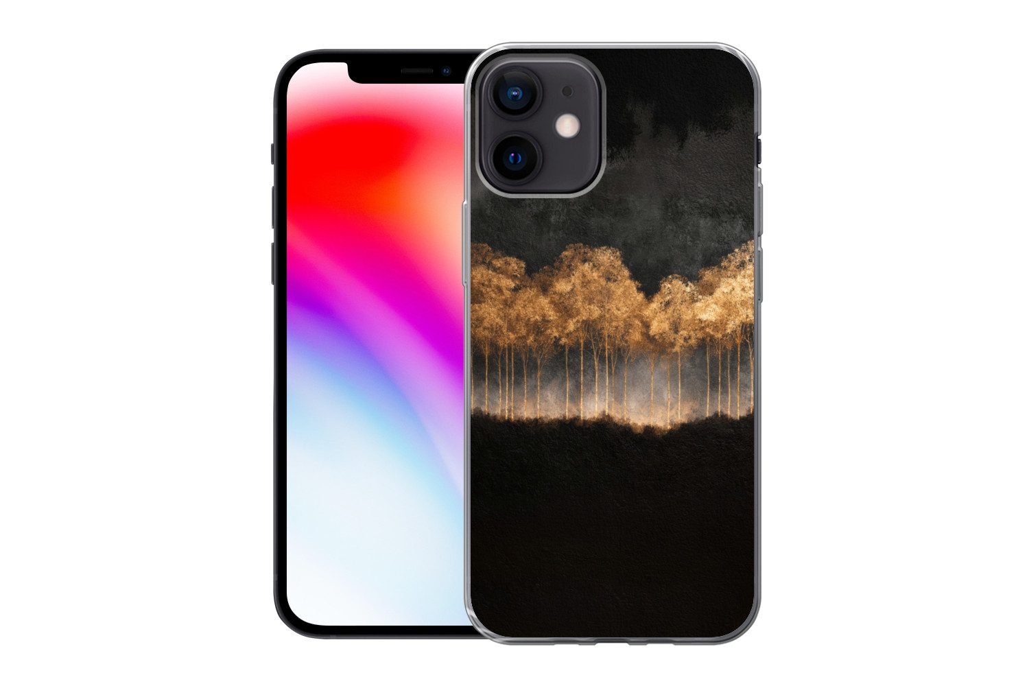 MuchoWow Handyhülle für Apple iPhone 12 Goldene Bäume in nebliger Landschaft, Smartphone-Bumper, Print, Handy Schutzhülle Dünn