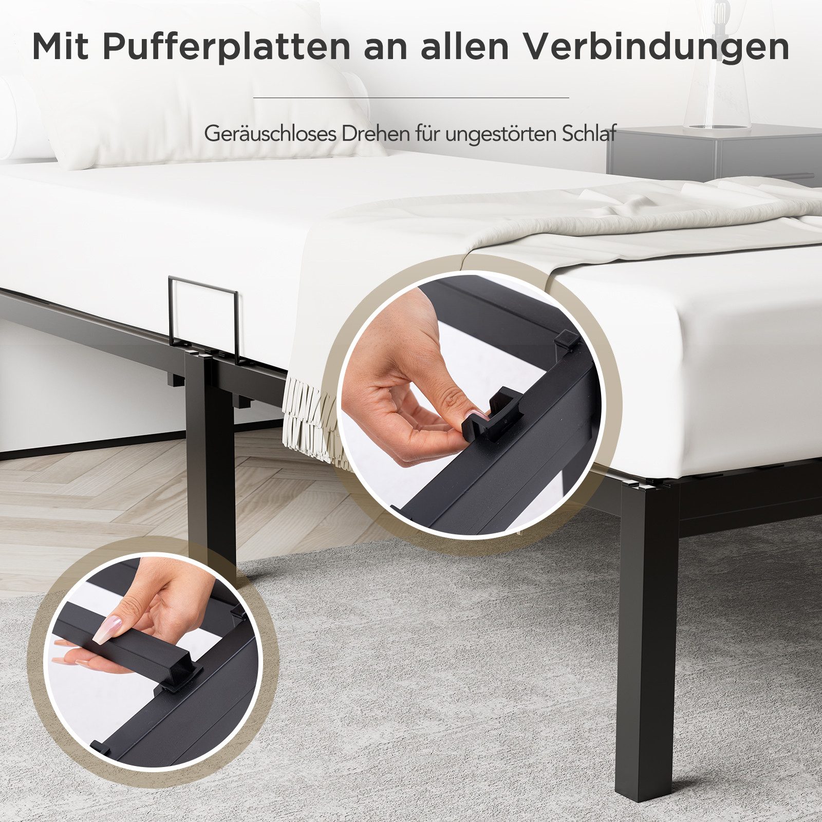 HOMAVO Bettgestell Modernes schraubenloses Metallbettgestell, Tragfähigkeit 200 kg (Bettbeine mit Schutzpads, geräuscharm & stabil, engmaschiger Metallstreben mit < 7 cm Abstand), Matratzenbügel