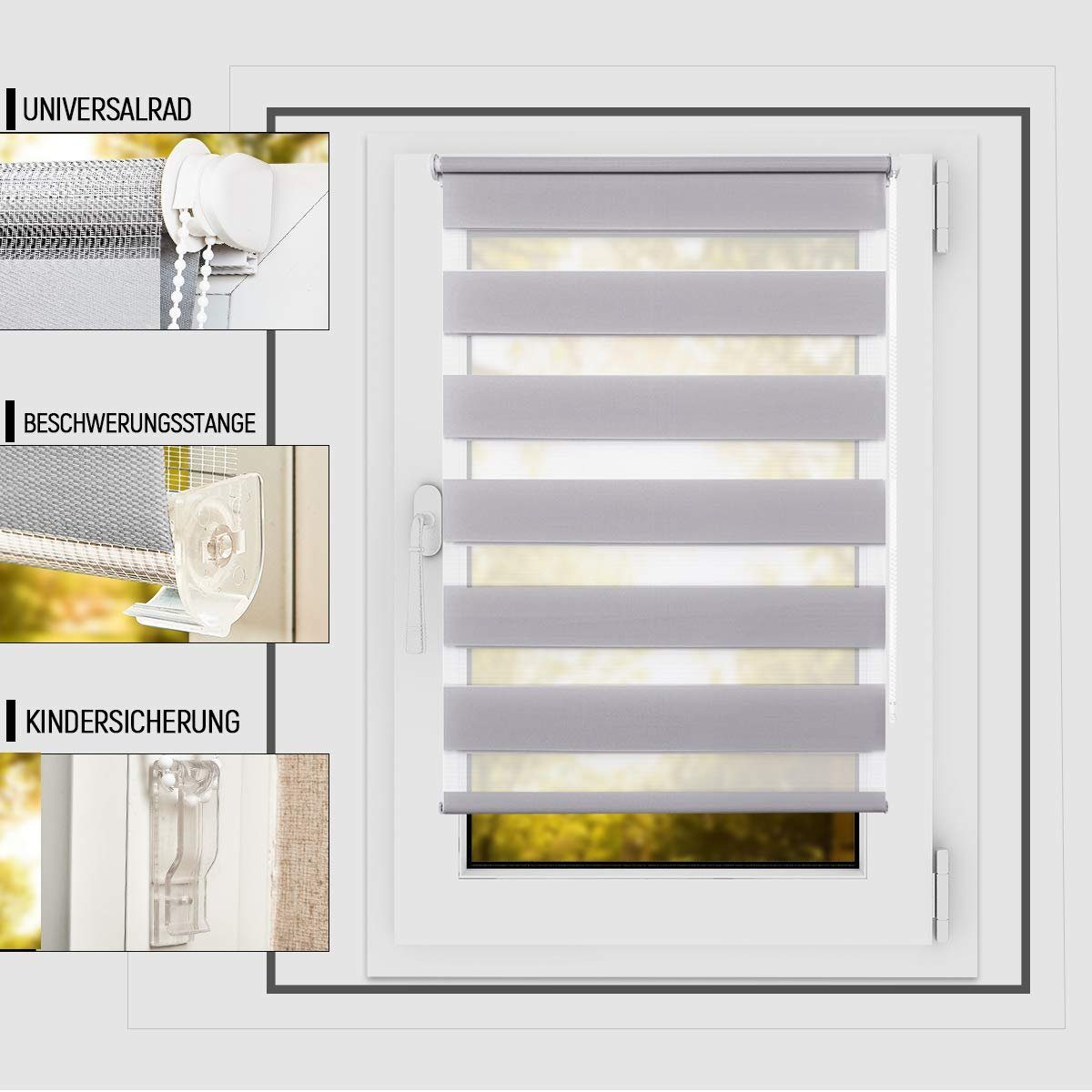 Doppelrollo Klemmfix ohne Bohre, OUBO, verdunkelnd, Fensterrollo Seitenzugrollo Blickdicht, Für Fenster und Tür mit Klämmträger lichtdurchlässig verdunkelnd