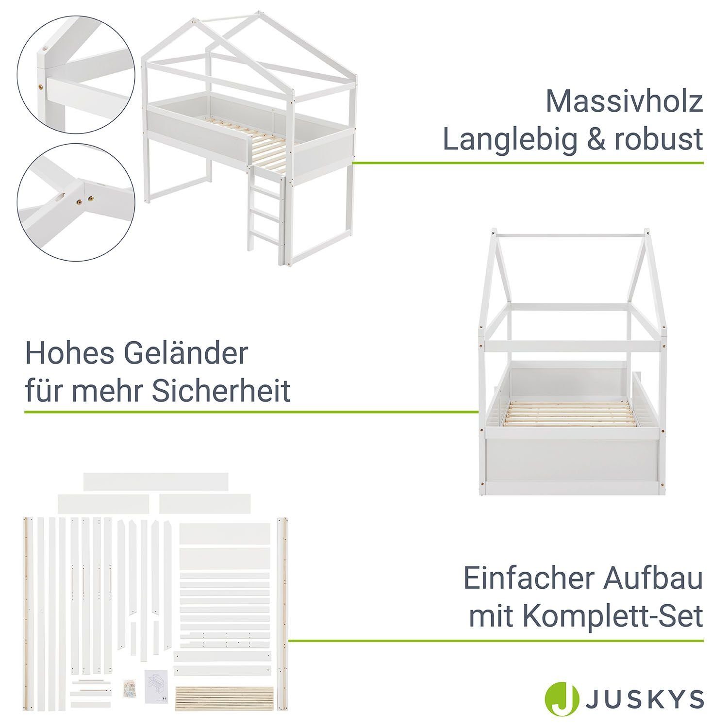 Kinderbett stabiles Kiefernholz Josy, modernes 90x200 cm, Juskys Hochbett, Rausfallschutz,