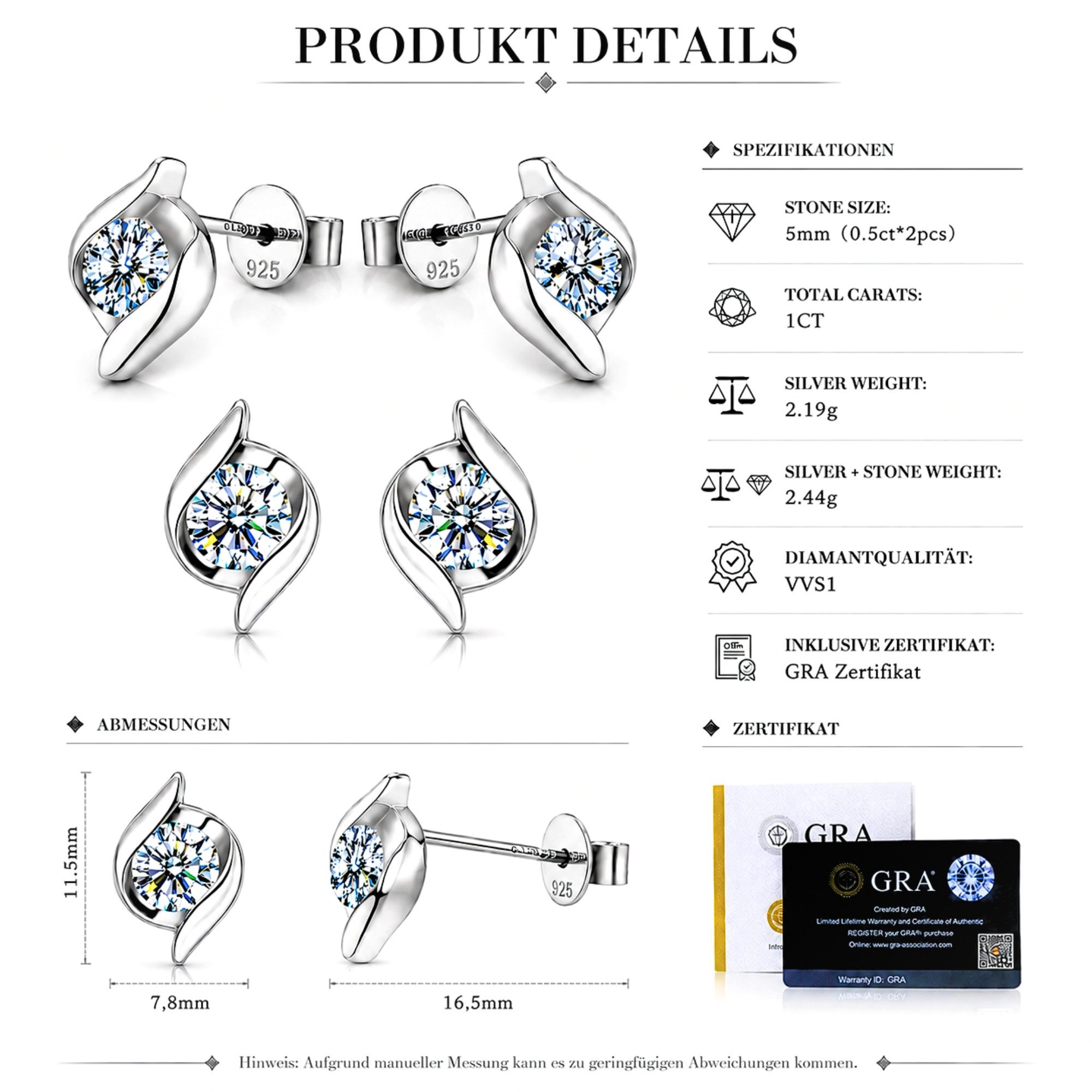 UNIQAL.de Ohrstecker-Set FIORA – Moderne Schmuckkunst mit 1 ct Moissanit & Diamant-Look (skulpturales Design mit fließender Linienführung, inkl. Luxus-Etui und Garantie auf den Moissanit-Stein), hautfreundlich, langlebig und angenehmer Tragekomfort