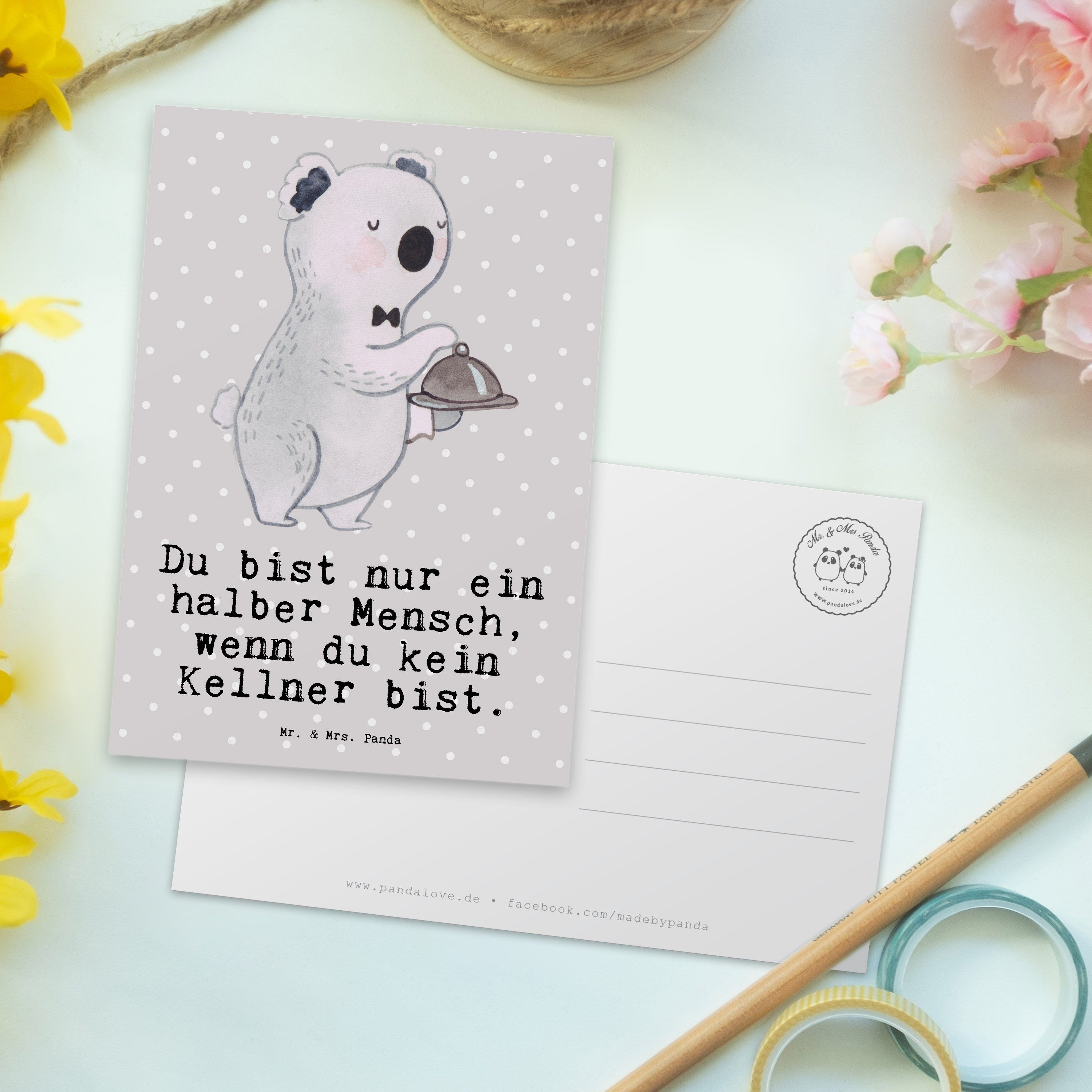 - Ansichtskarte, mit Postkarte Danke, Panda Grau Pastell Abs Mrs. - Kellner Mr. Herz & Geschenk,