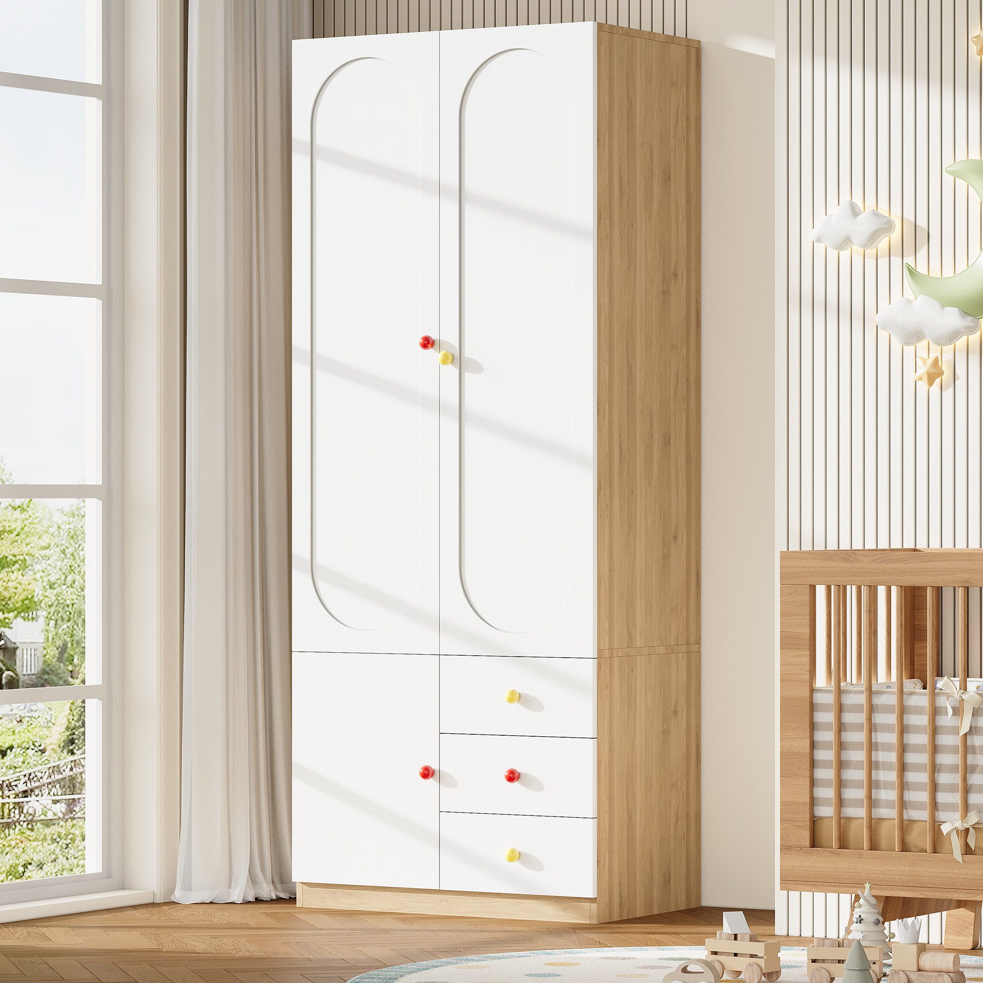 Merax Kinderkleiderschrank Kinder-Kleiderschrank, 3-türiger Kleiderschrank (1-St., mit 3 Schubladen) Kinderzimmer, Kinderzimmermöbel, Kleiderstange, Bunte Keramikgriffe