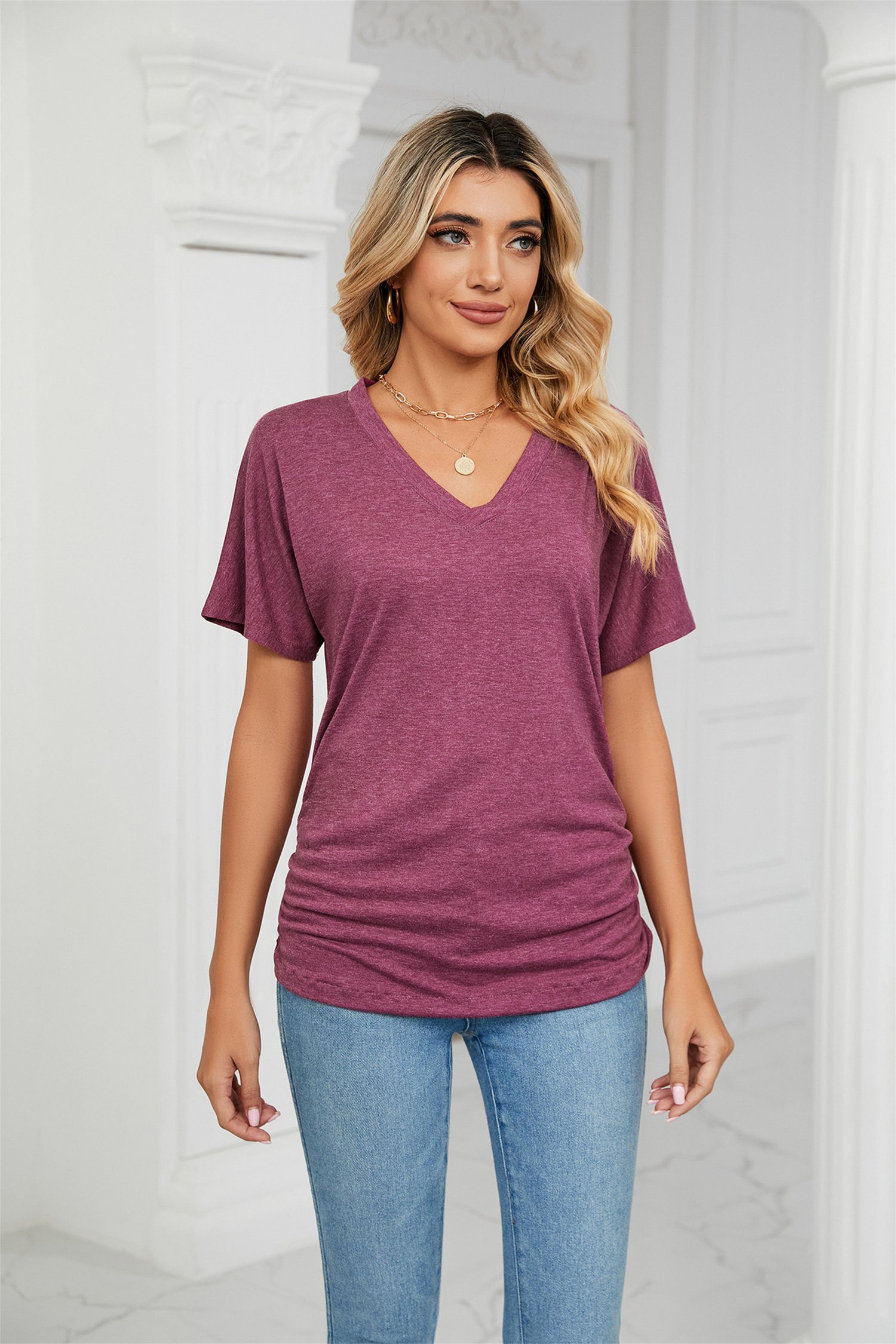 carefully Damen-T-Shirt, V-Ausschnitt, V-Shirt Rot kurzärmelig, selected Sommer-Basic-Bluse