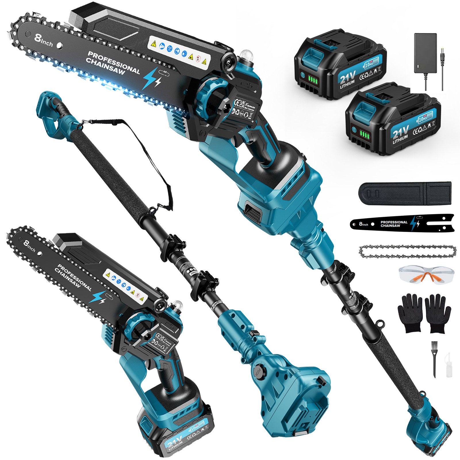 Rinoxar Akku-Kettensäge 2-in-1 8" Teleskop-Kettensäge 1200W bürstenlos, 2xAkku, 4m Reichweite, 20 cm Schwertlänge, 2×4000mAh Akkus, Elektrisch Mini Chainsaw für Gartenscheren Holzschneidenz DIY
