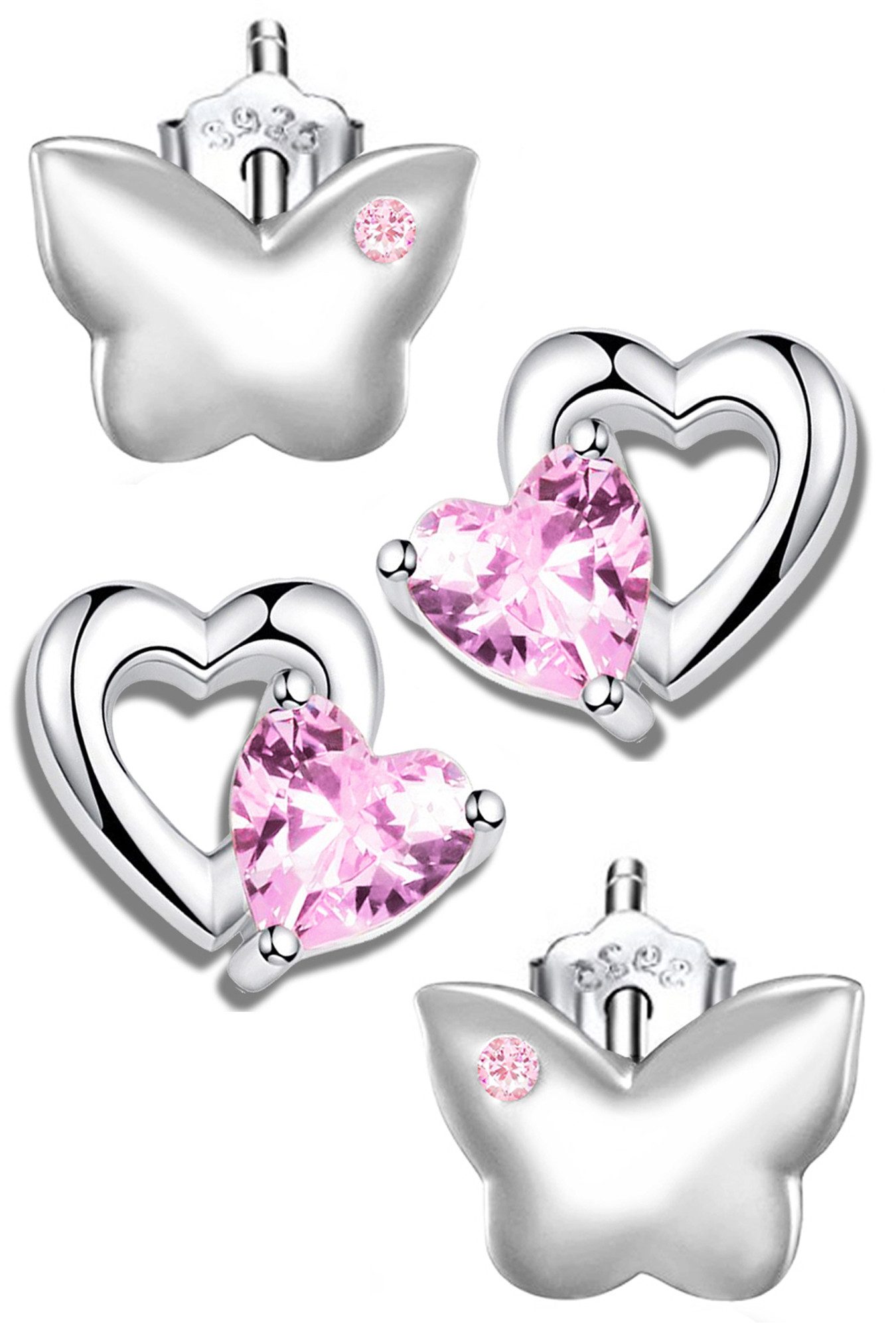 Limana Paar Ohrstecker Ohrringe für Kinder Mädchen 925 Silber rosa Herz Schmetterling, Kinderohrringe Mädchenohrringe Kinderschmuck Echtschmuck