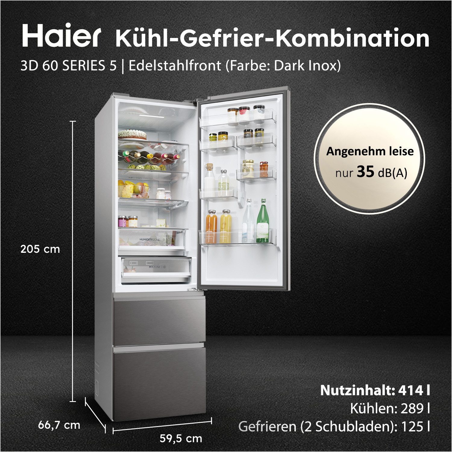 Haier Kühl-/Gefrierkombination 3D 60 SERIES 5 HTW5620CNMP, 205 cm hoch, 59,5 cm breit, Humidity Zone: Obst, Gemüse und Salat 2x länger frisch halten