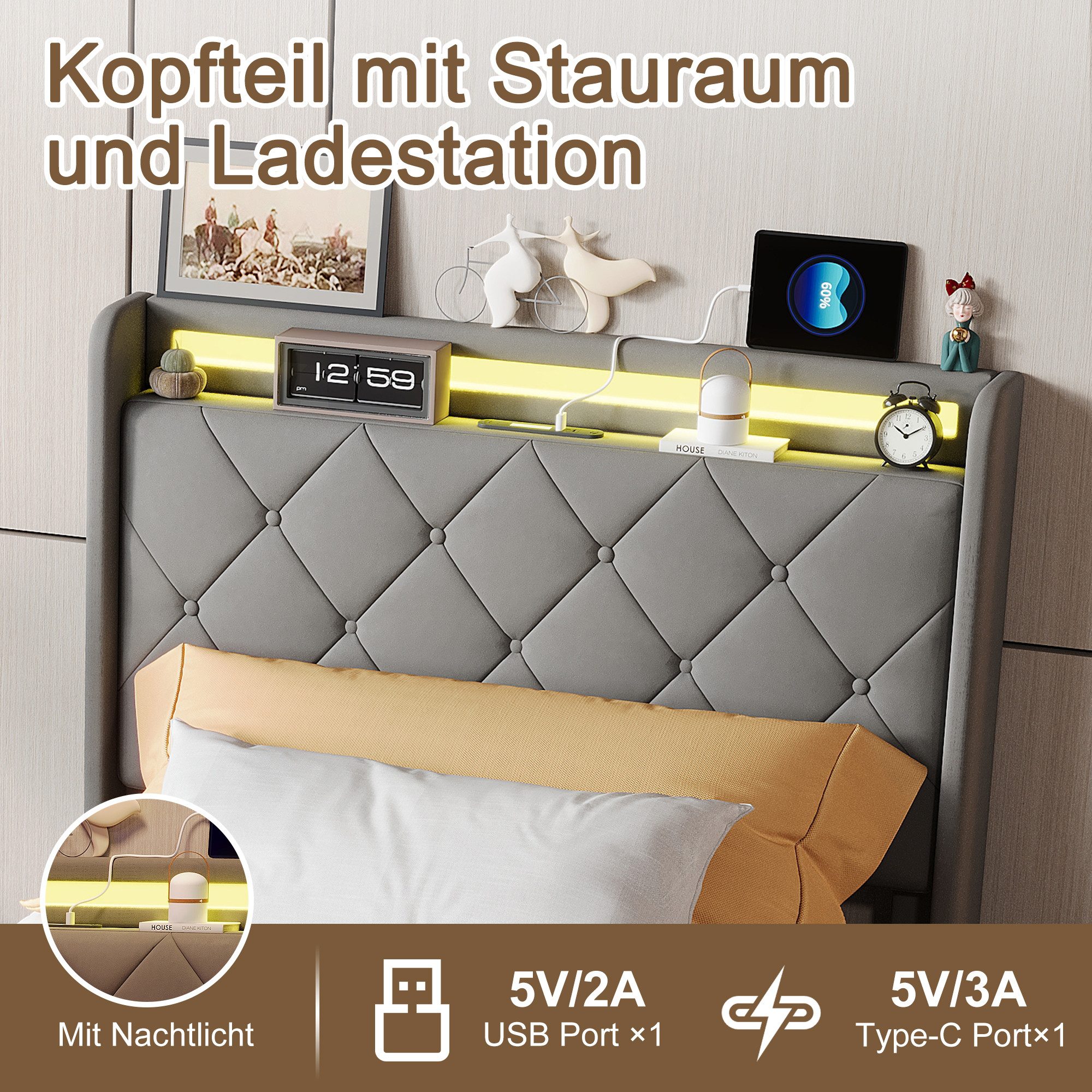 ADWOLT Stauraumbett Polsterbett mit Lattenrost und LED-Beleuchtung, Jugendbett 90x200cm mit USB&Type-C,Kinderbett mit 2 Schubladen,Grau
