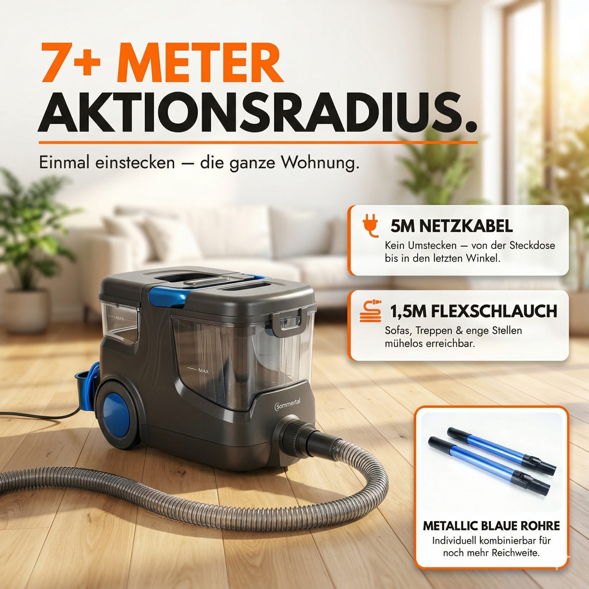 Sommertal Teppichreinigungsgerät Sommertal HYDRO 9000 MAX Waschsauger – 1.000W & 28 kPa, 1000 W, Teppichreiniger & Polsterreiniger mit Dampfsauger & Nasssauger blau|grau