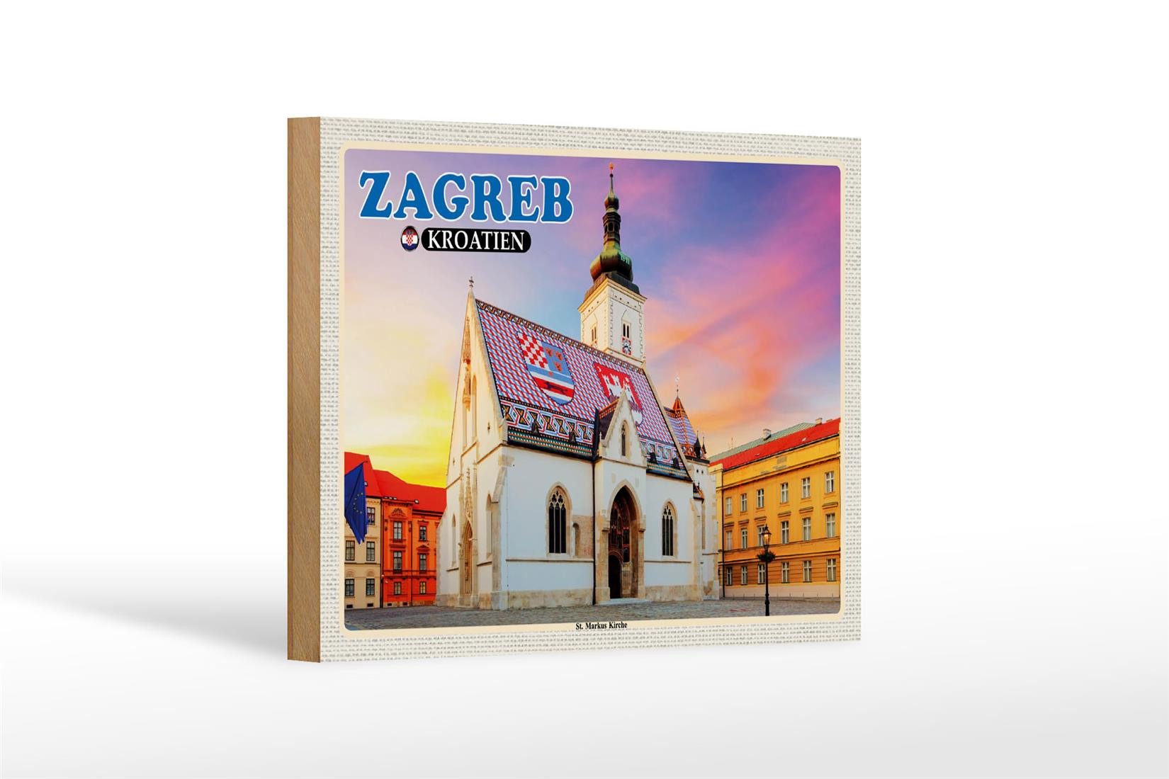 Femer GmbH Holzbild Reise 18x12 cm Zagreb Kroatien St. Markus Kirche, (1 St), Glatte Holzfaserplatte (MDF), vorn beschichtet