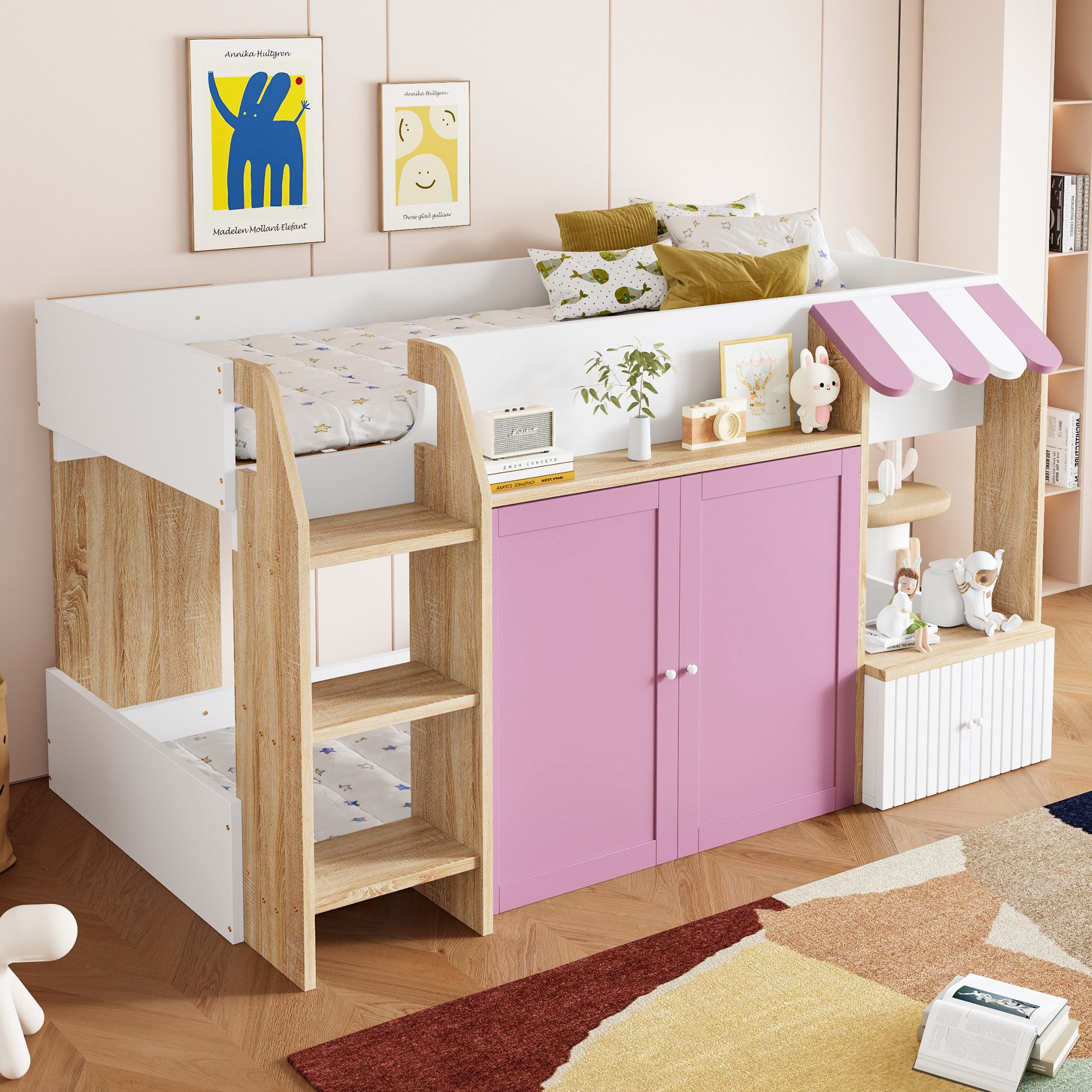 REDOM Etagenbett mit Kletterleiter und offenen Aufbewahrungsfächern (Kinderbett Funktionsbett, 90x200 cm), ohne Matratze