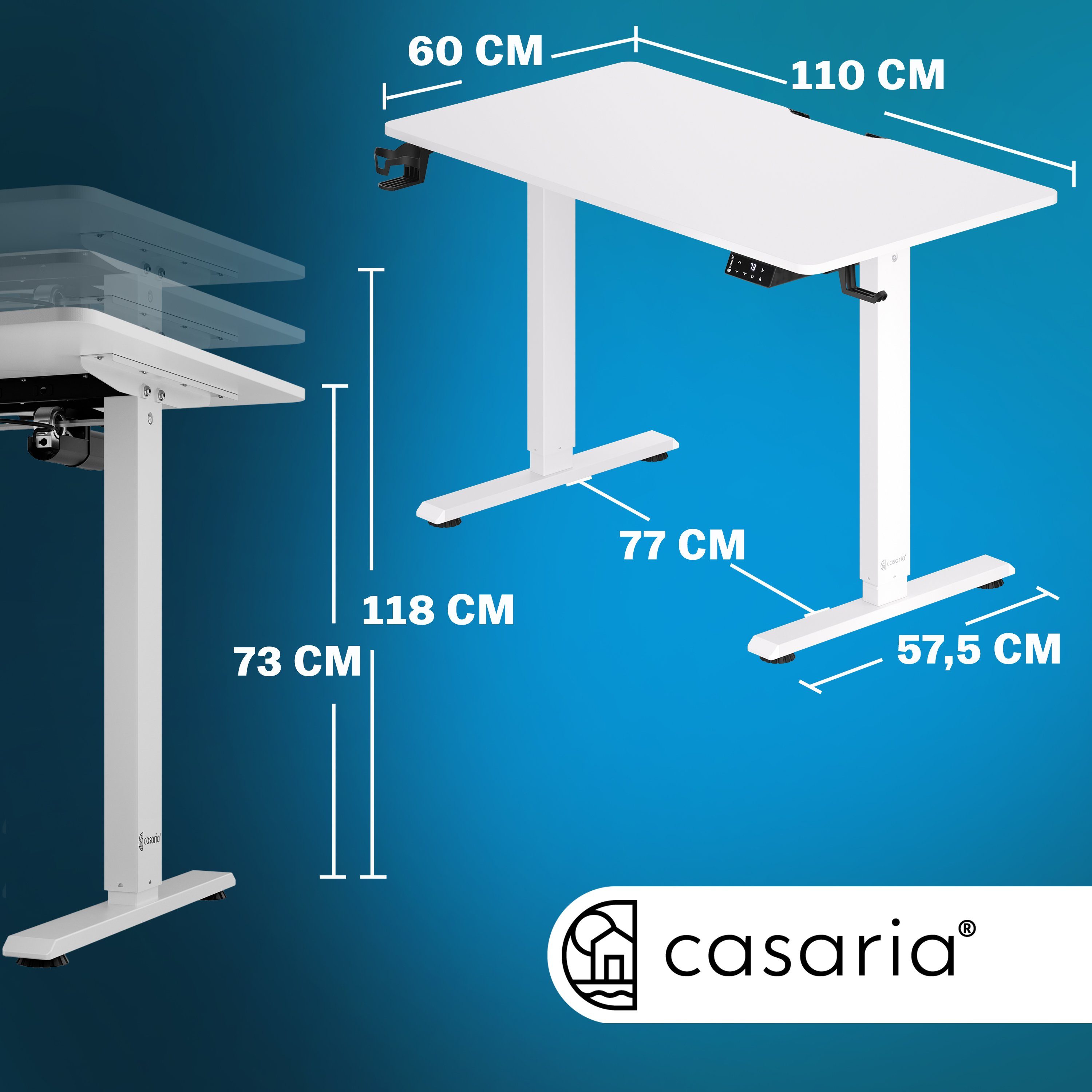 Zubehör LCD- Casaria 73-118cm Weiß Elektrisch 110x60cm Schreibtisch, Display Stahlgestell