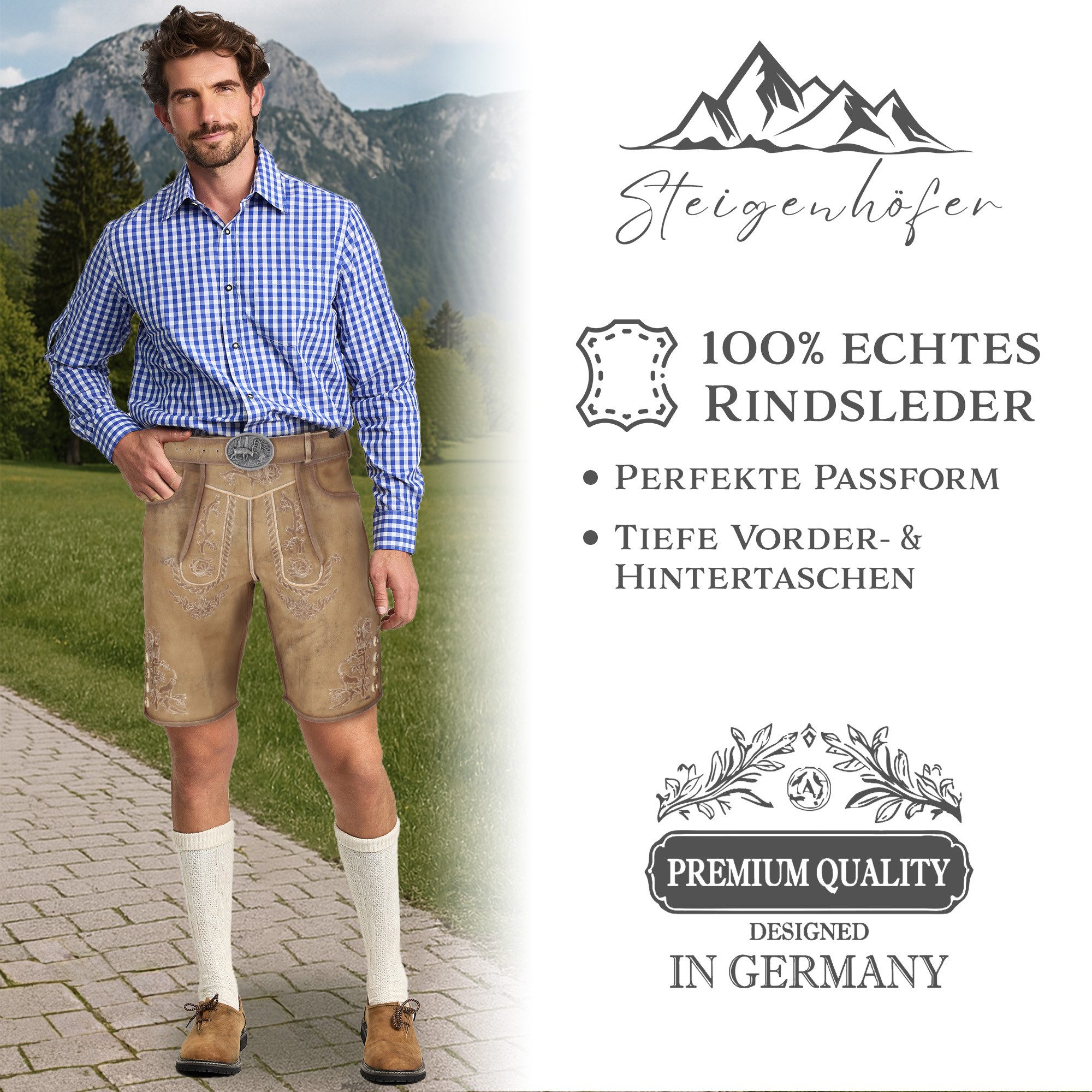 Steigenhöfer Manufaktur Trachtenlederhose mit Gürtel - 100% Rindsleder - Lederhose Herren Kurz - Franz Handgemacht aus echtem Leder - Für Dein Oktoberfest Herre – Bild 2 von 5