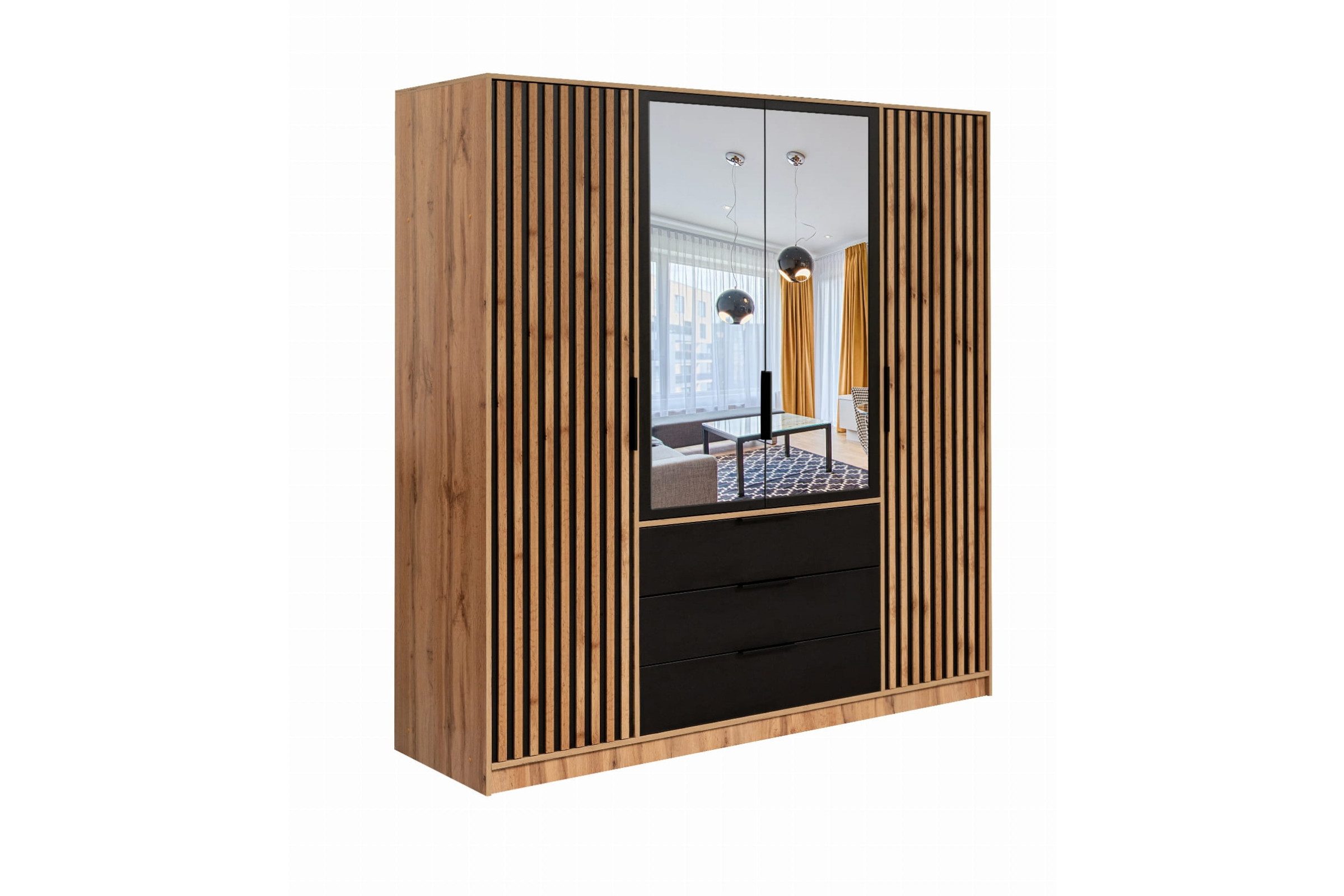 Deine Möbel 24 Kleiderschrank LABOO LUX D4 Drehtürenschrank 196 cm breit mit Spiegel und Schubladen (Set, 1-St., LABOO LUX - Kollektion) Lamellenoptik in Eiche Wotan/Schwarz/Weiß, optional mit Aufsatz