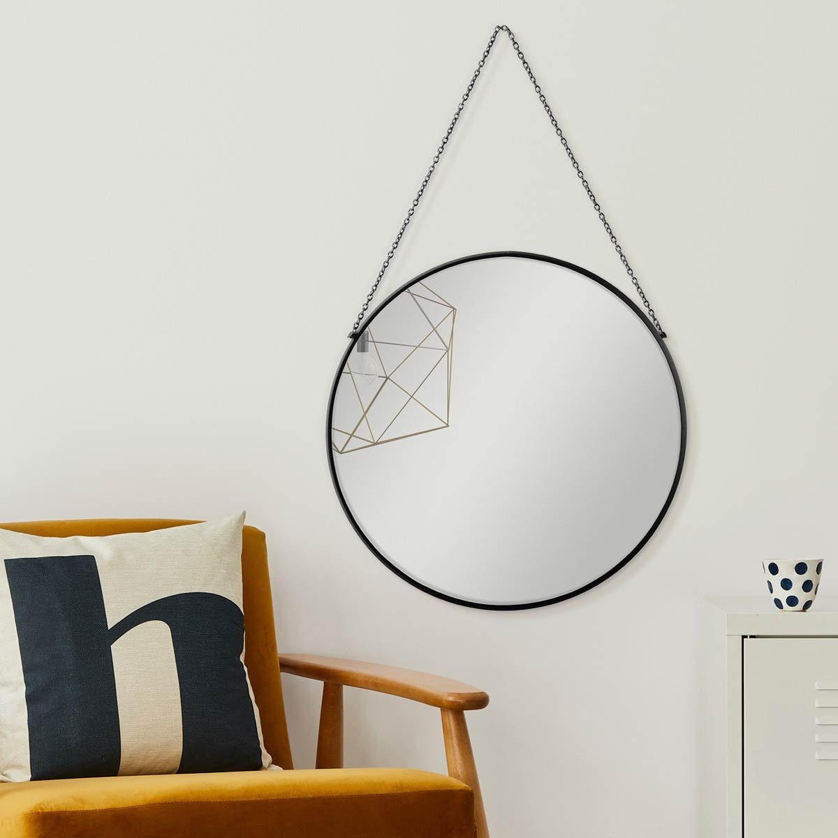 PHOTOLINI Spiegel mit schmalem Metallrahmen und Kettenaufhängung, Wandspiegel rund 50 cm Schwarz