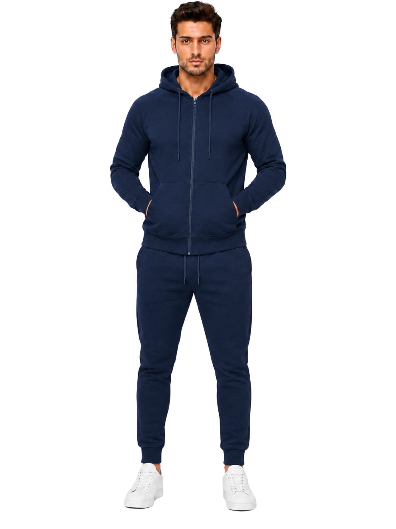 L.gonline Freizeitanzug Herren Jogginganzug einfarbig 100% BW 586 Navy XL (Kapuzenjacke mit Reißverschluss, Hose, 2-tlg), Fitness Freizeit Casual – Bild 3 von 5