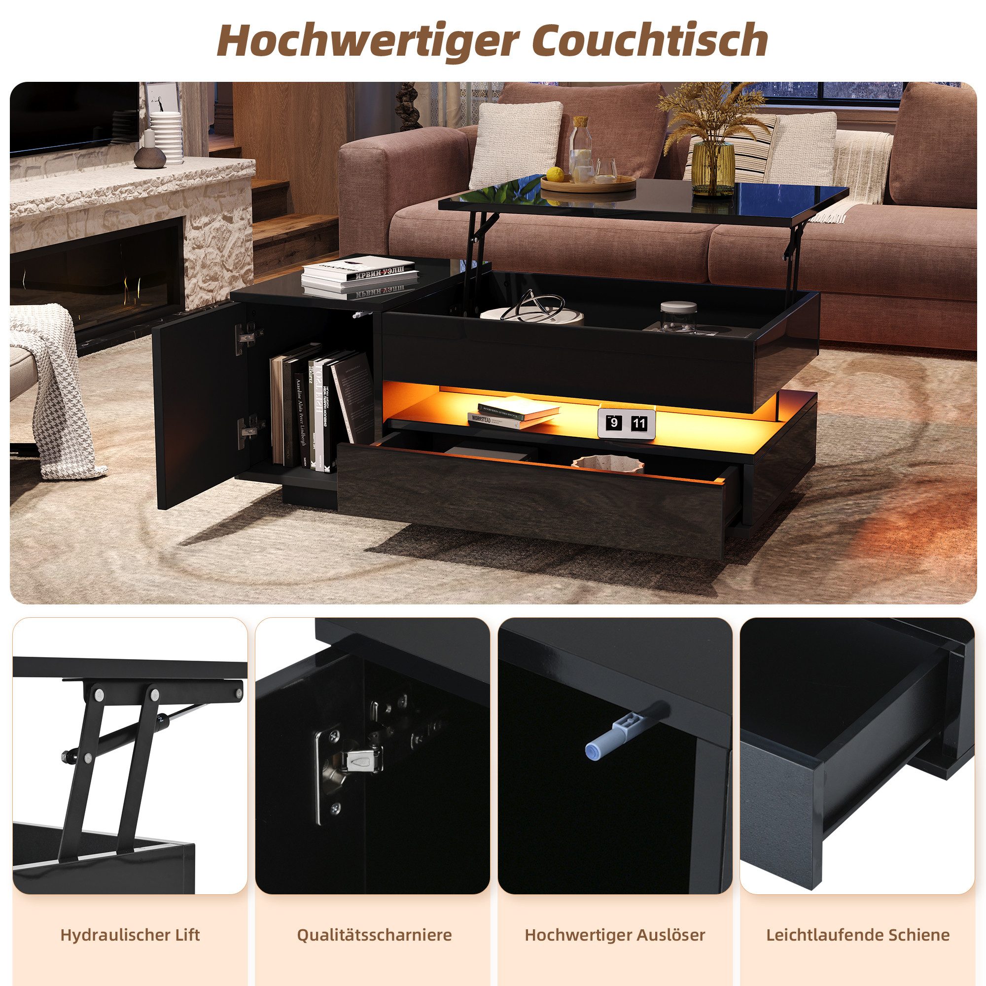 REDOM Couchtisch Multifunktionaler Hebetisch (Wohnzimmertisch, Beistelltisch, 1-St., LED-Couchtisch mit App-Steuerung), RGB-Stimmungsbeleuchtung