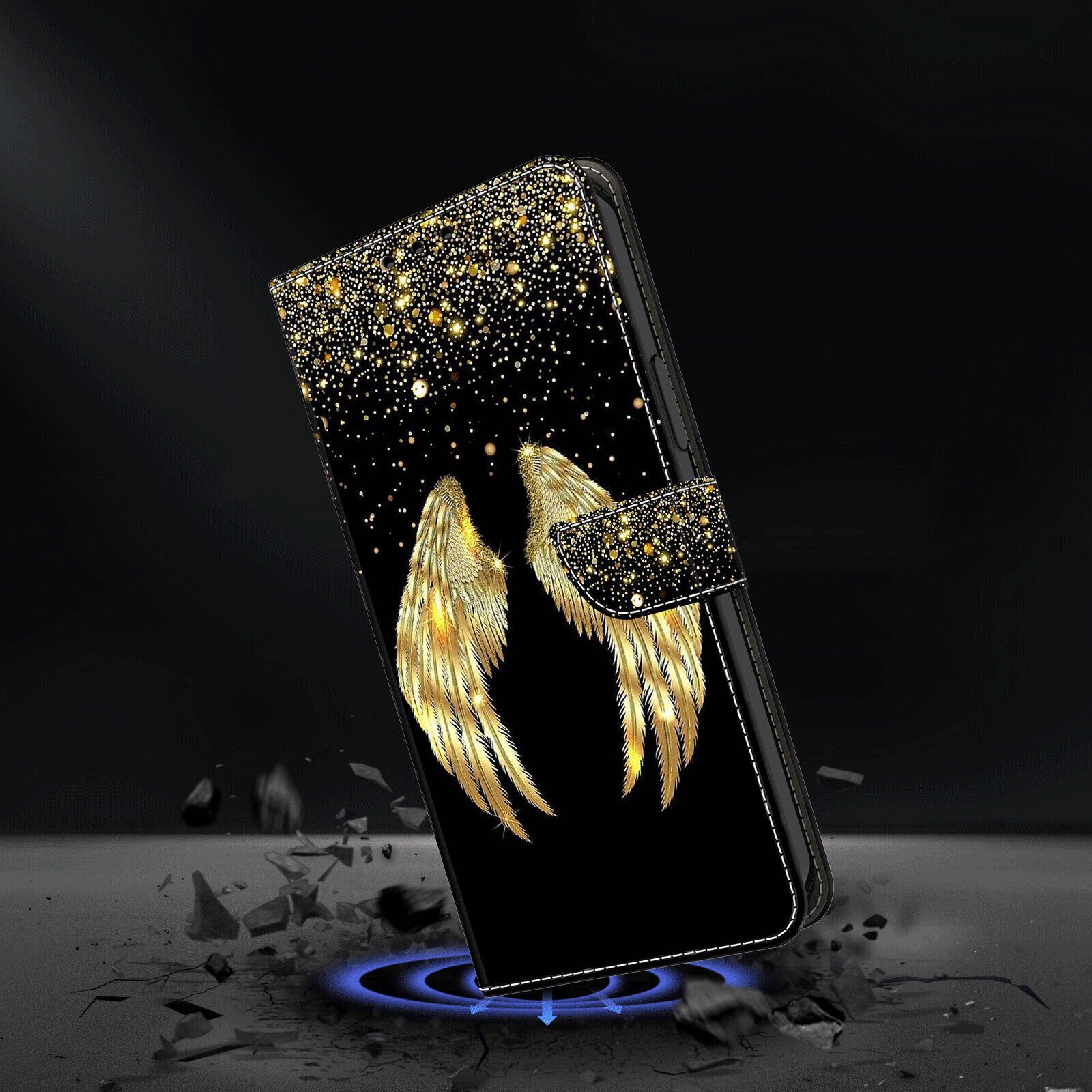 CLM-Tech Handytasche für Samsung Galaxy A57 5G Klapphülle aus PU Leder (goldene Flügel, 1-tlg., Flip Case), Magnetverschluss, Standfunktion und Kartenfächer – Bild 5 von 5