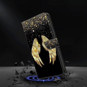 CLM-Tech Handytasche für Samsung Galaxy A35 5G Hülle - Tasche aus Kunstleder Klapphülle (goldene Flügel, Handyhülle mit Standfunktion - Wallet Flip Case inklusive Kartenfächer), - Cover Etui mit Magnetverschluss - Galaxy A35 5G Schutzhülle