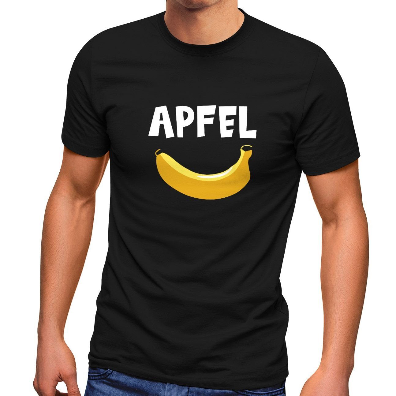 Print-Shirt Moonworks® Spruch Aufdruck Apfel Herren Fun-Shirt schwarz MoonWorks mit lustiger Witz Banane lustig T-Shirt Scherz Print