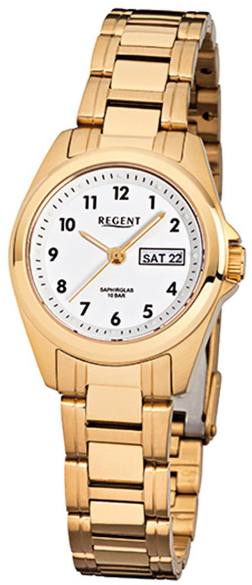 Regent Quarzuhr Regent Damen-Armbanduhr gold Analog F-904, Damen Armbanduhr  rund, klein (ca. 27mm), Edelstahl, goldarmband