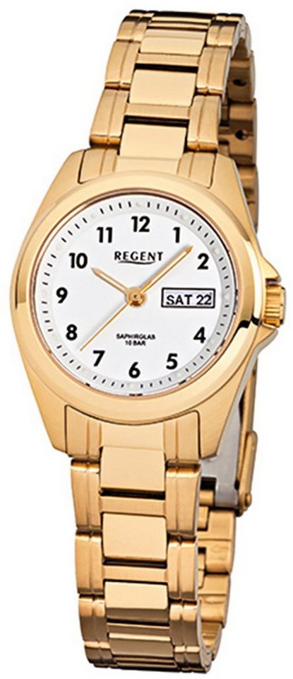 Regent Quarzuhr Regent Damen-Armbanduhr gold Analog F-904, Damen Armbanduhr  rund, klein (ca. 27mm), Edelstahl, goldarmband