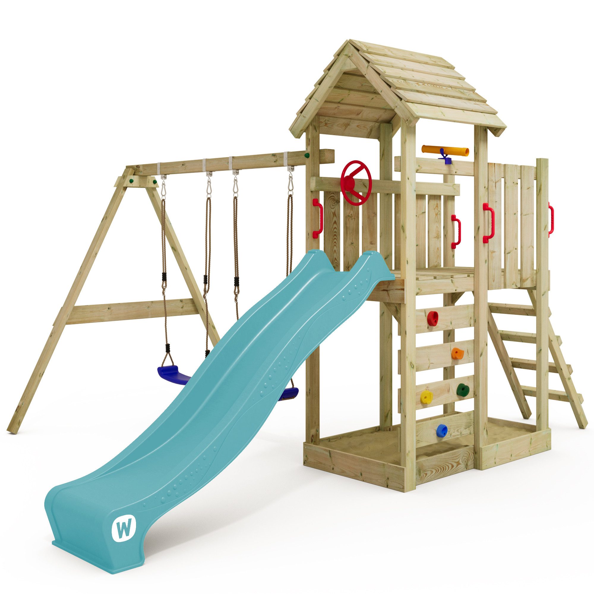 Wickey Spielturm MultiFlyer mit Holzdach, Doppelschaukel günstig online kaufen