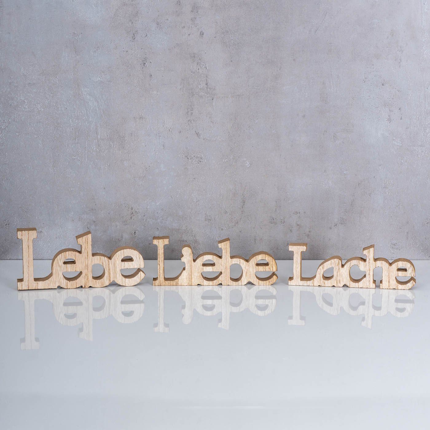 Levandeo® Deko-Schriftzug, 3er Set Schriftzug Natur Aufsteller Lache Liebe Braun Holz Lebe Deko