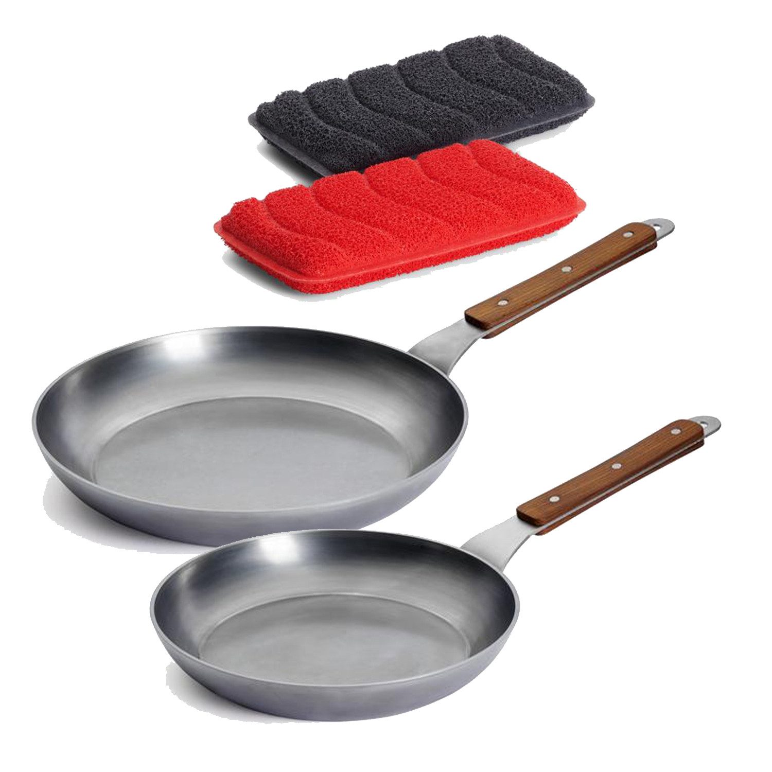 WOLL Сковороды-Set "Carbon Steel" Жаровни inkl. Silikonschwämme, Karbon-Stahl (Set, 2-tlg., 2 Flachpfannen, 1x Ø 24 cm + 1x Ø 28 cm), Induktionsgeeignet