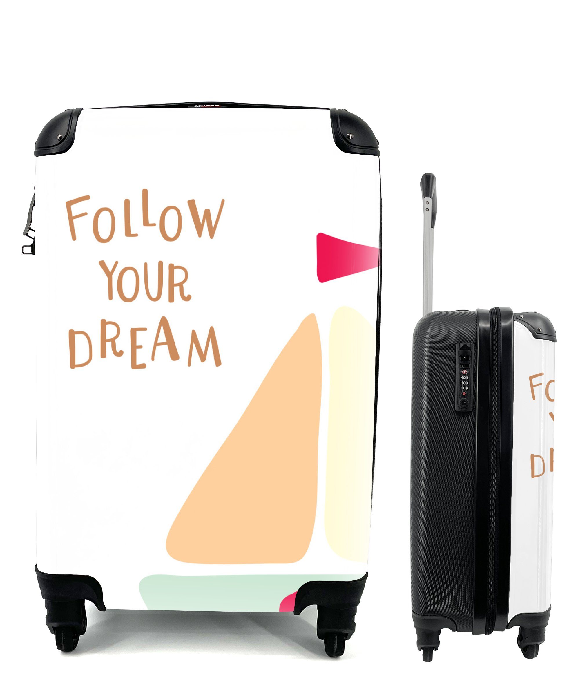 MuchoWow Handgepäckkoffer Illustration mit dem Zitat "Folge deinem Traum" und einem Segelboot, 4 Rollen, Reisetasche mit rollen, Handgepäck für Ferien, Trolley, Reisekoffer