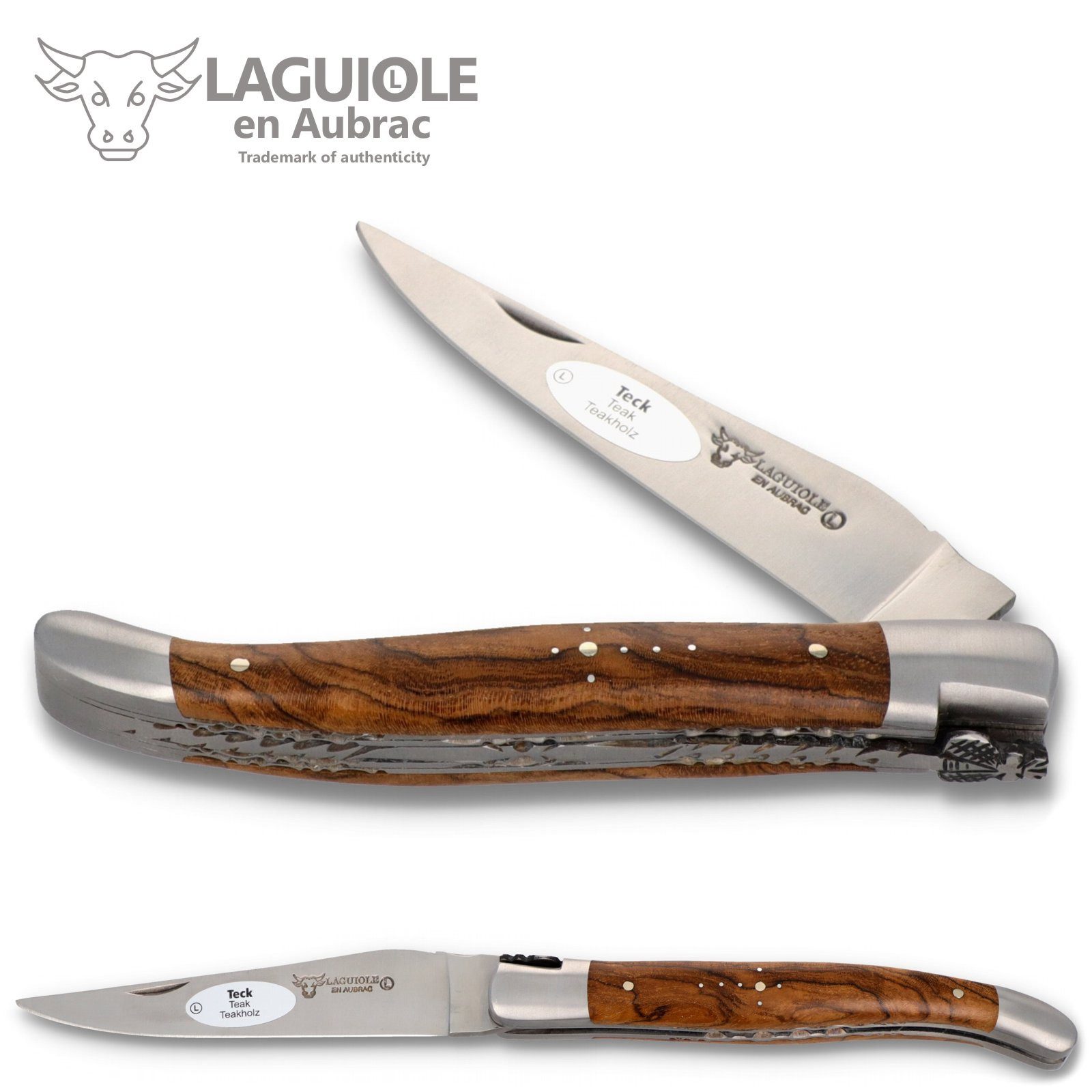Laguiole en Aubrac Taschenmesser L0712LKIF-SAT, Griff 12cm Teak Maserknolle - Doppelplatine - Stahl satiniert
