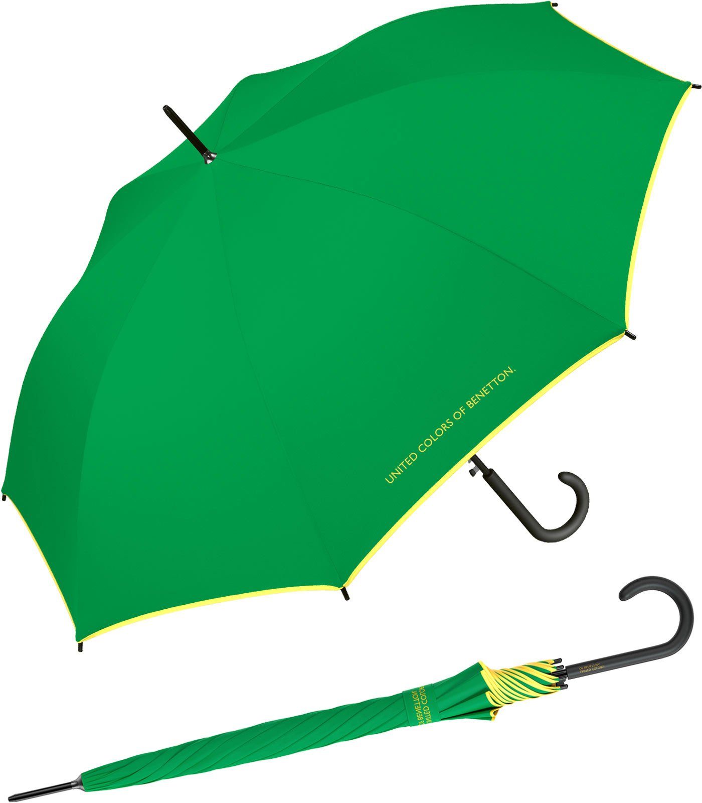 großer Benetton und mit Langregenschirm United Auf-Automatik of Regenschirm am grün Logo, mit Schirmrand Kontrastfarben einfarbig Colors